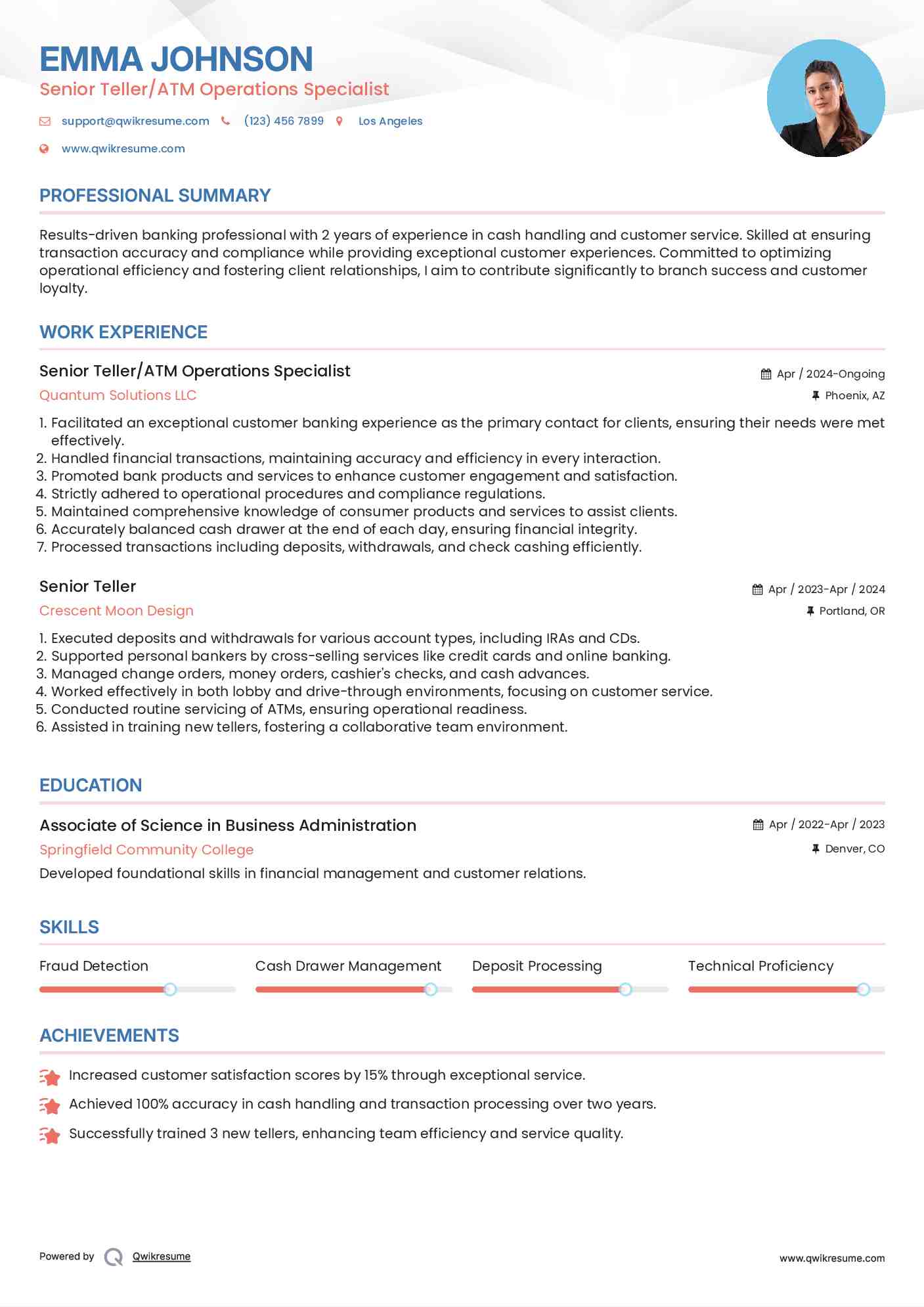 Senior Teller/ATM Operations Specialist Resume Sample
