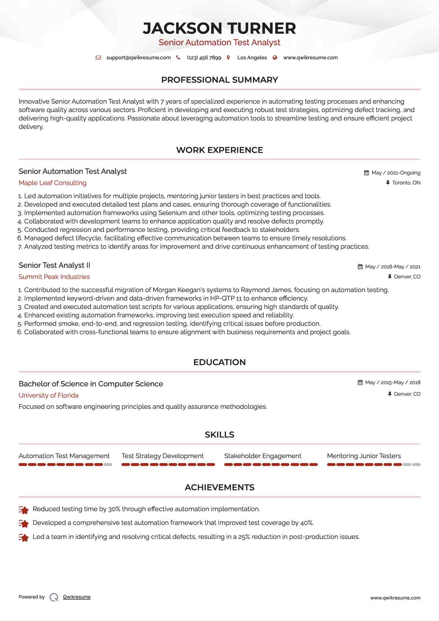 Senior Automation Test Analyst Resume Template