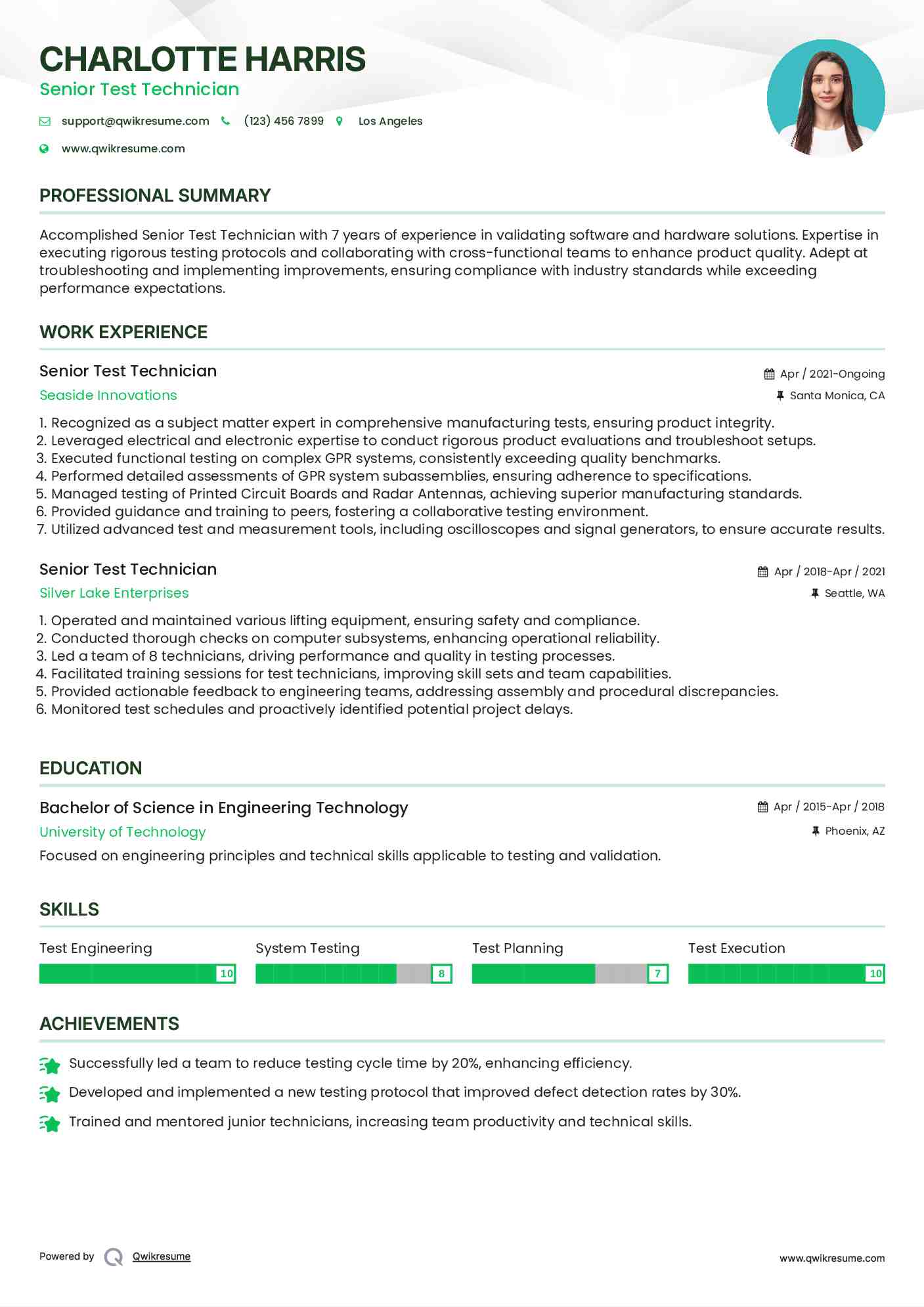 Senior Test Technician Resume Template