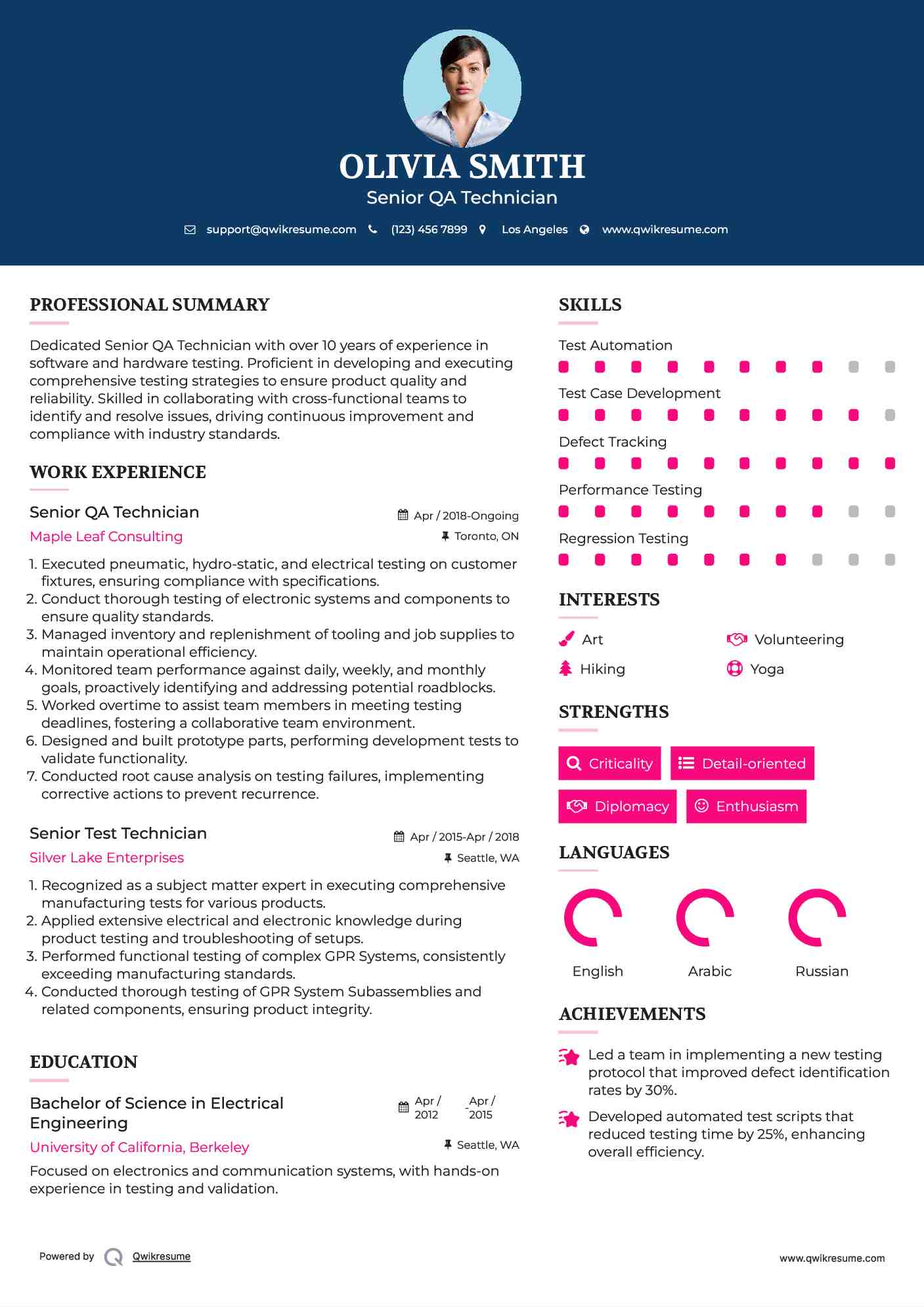 Senior QA Technician Resume Example