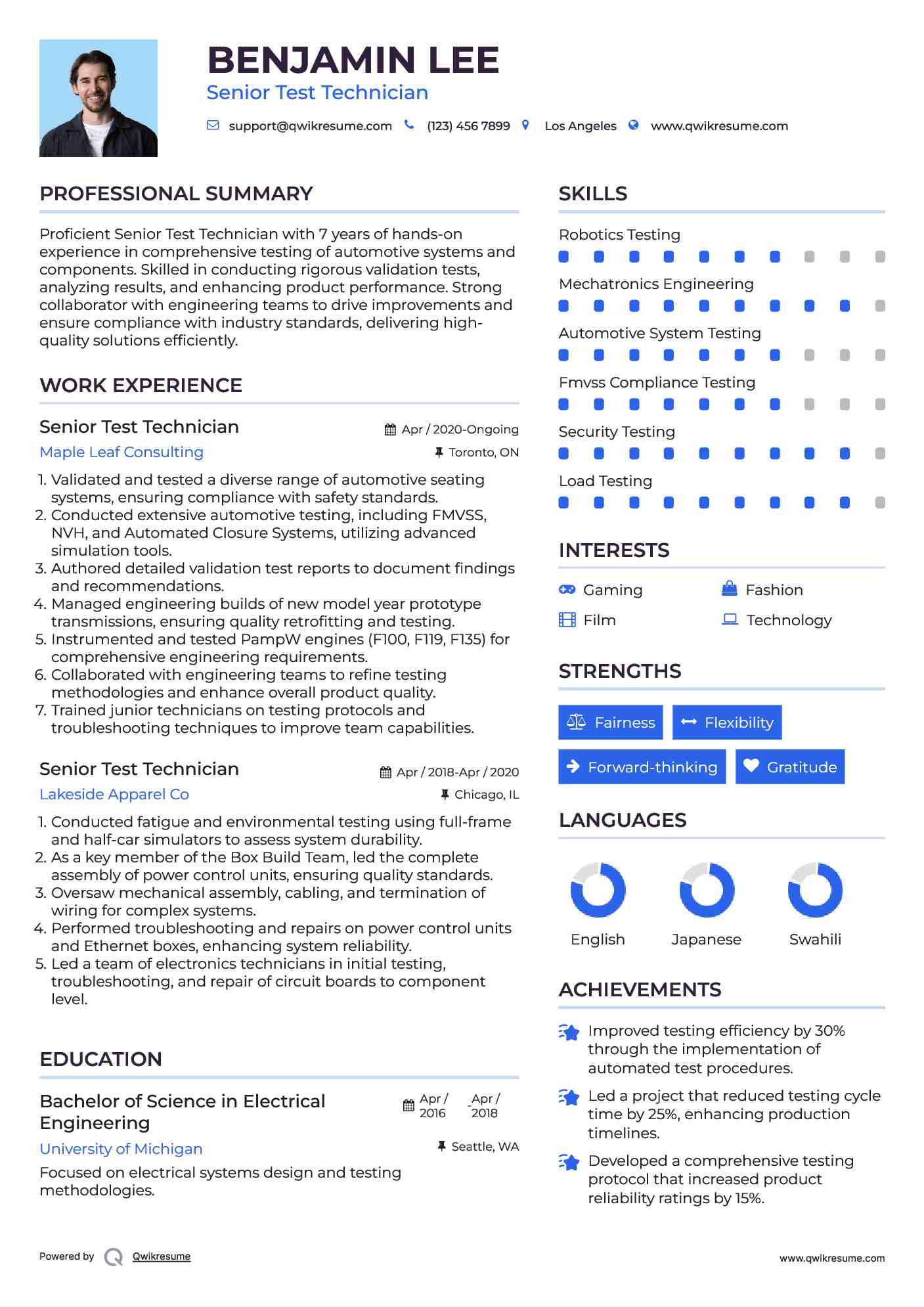 Senior Test Technician Resume Template
