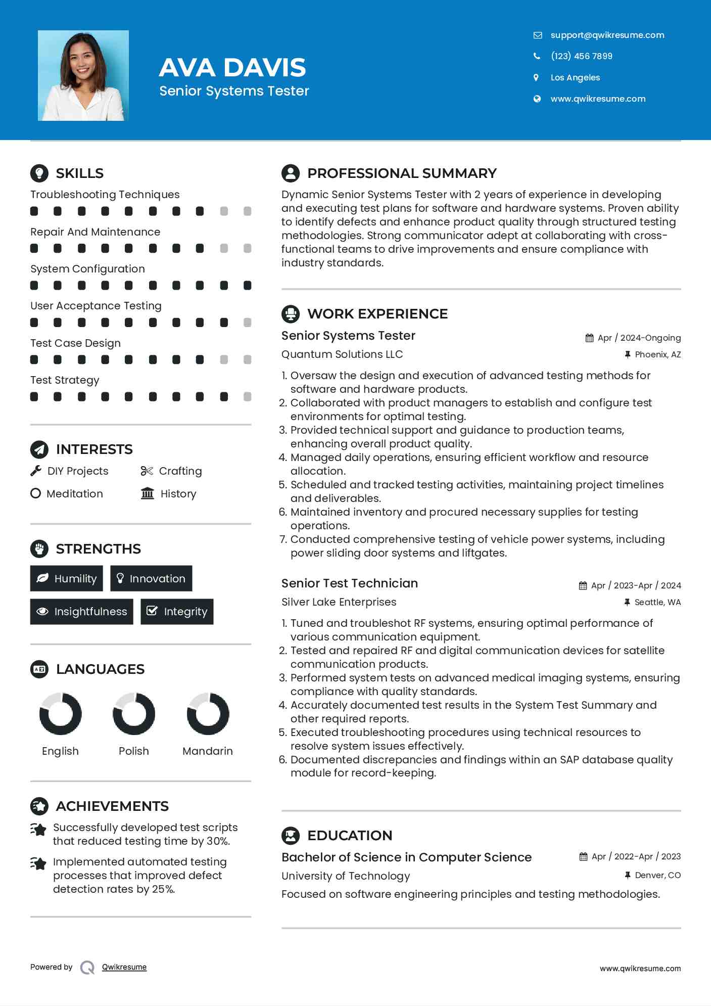Senior Systems Tester Resume Model