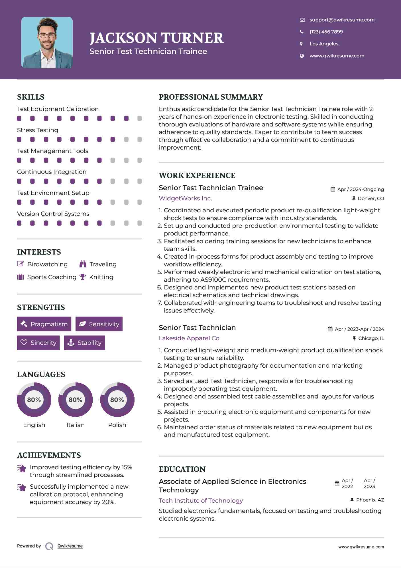 Senior Test Technician Trainee Resume Sample