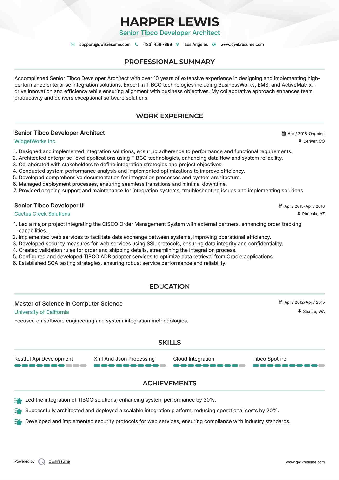 Senior Tibco Developer Architect Resume Sample