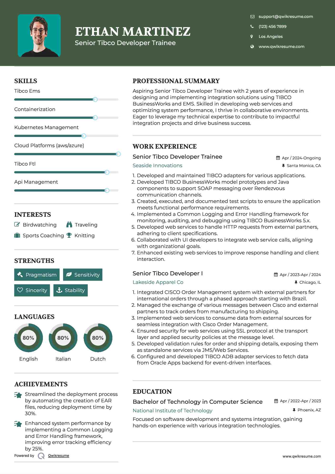 Senior Tibco Developer Trainee Resume Model
