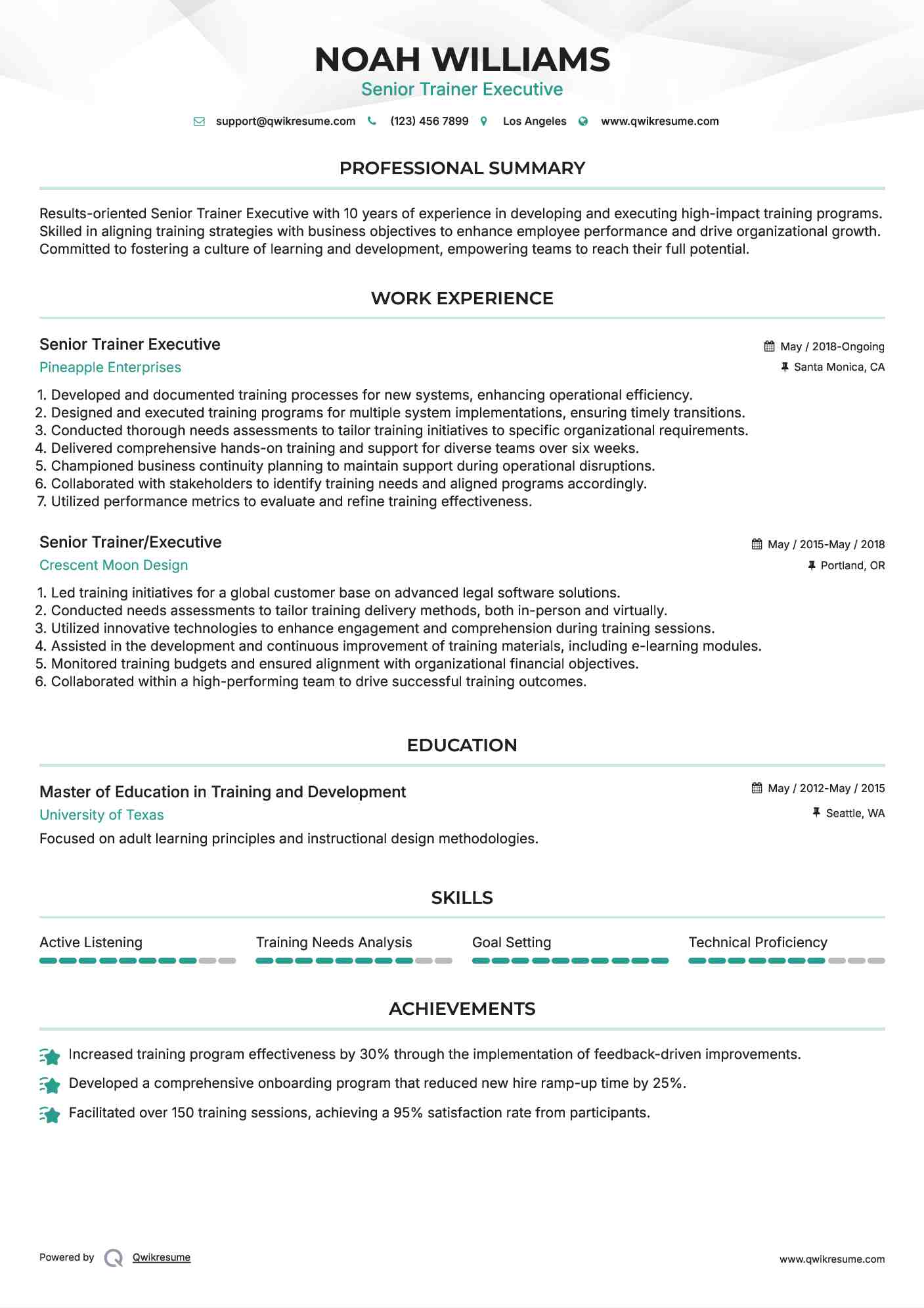 Senior Trainer Executive Resume Sample