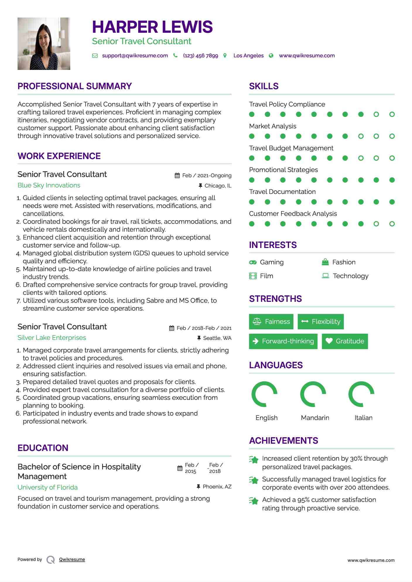 Senior Travel Consultant Resume Sample