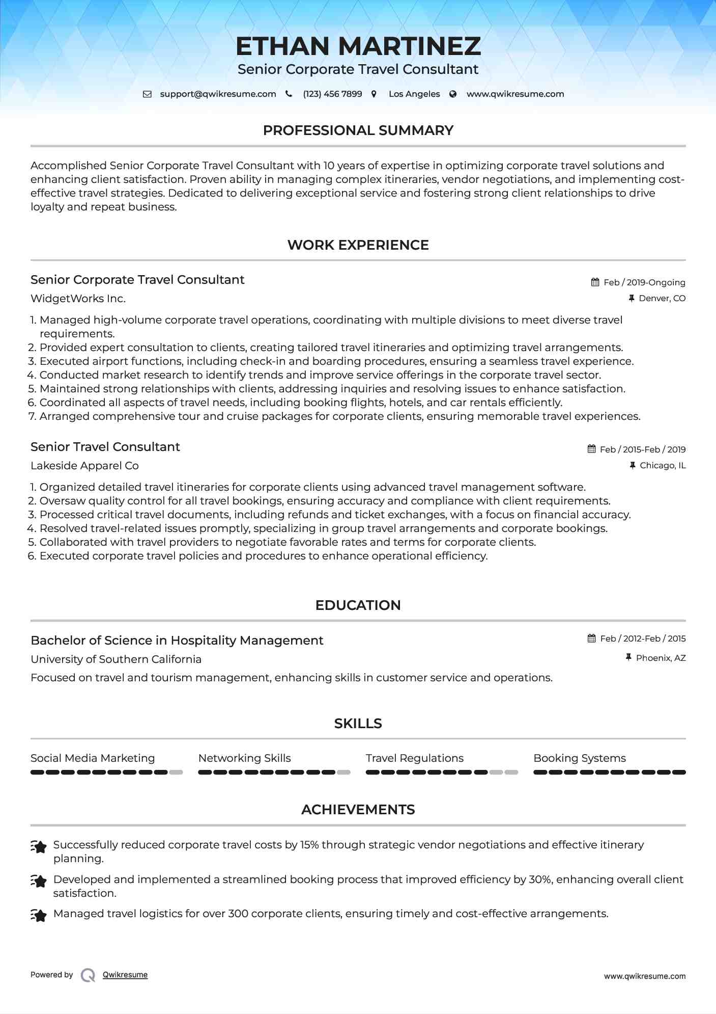 Senior Corporate Travel Consultant
 Resume Template