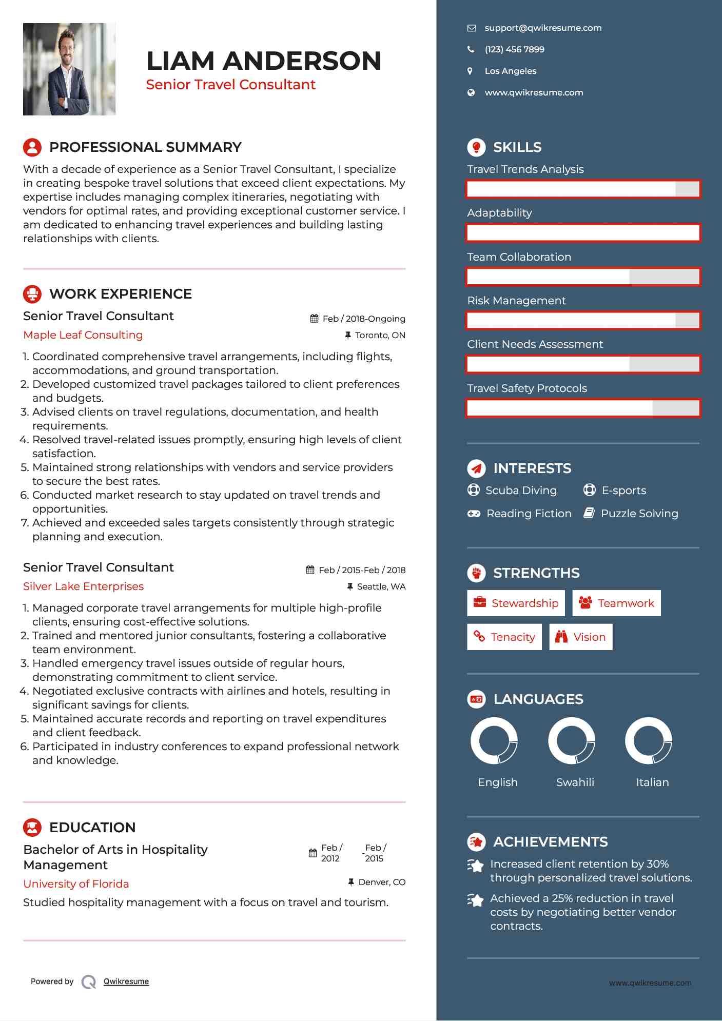 Senior Travel Consultant Resume Sample