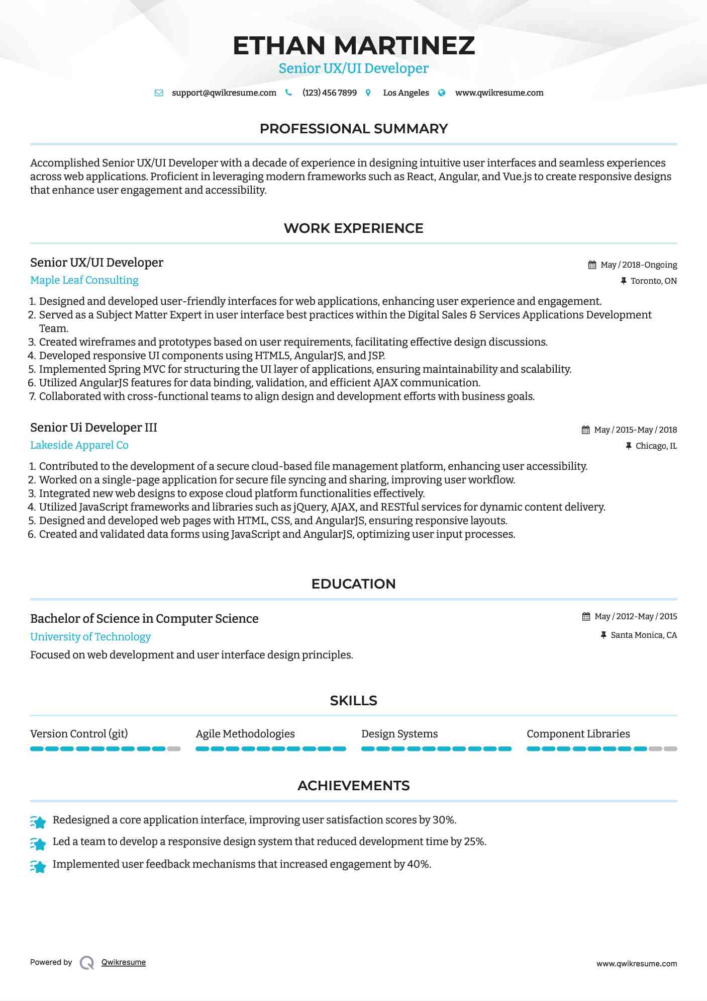 Senior UX/UI Developer Resume Model