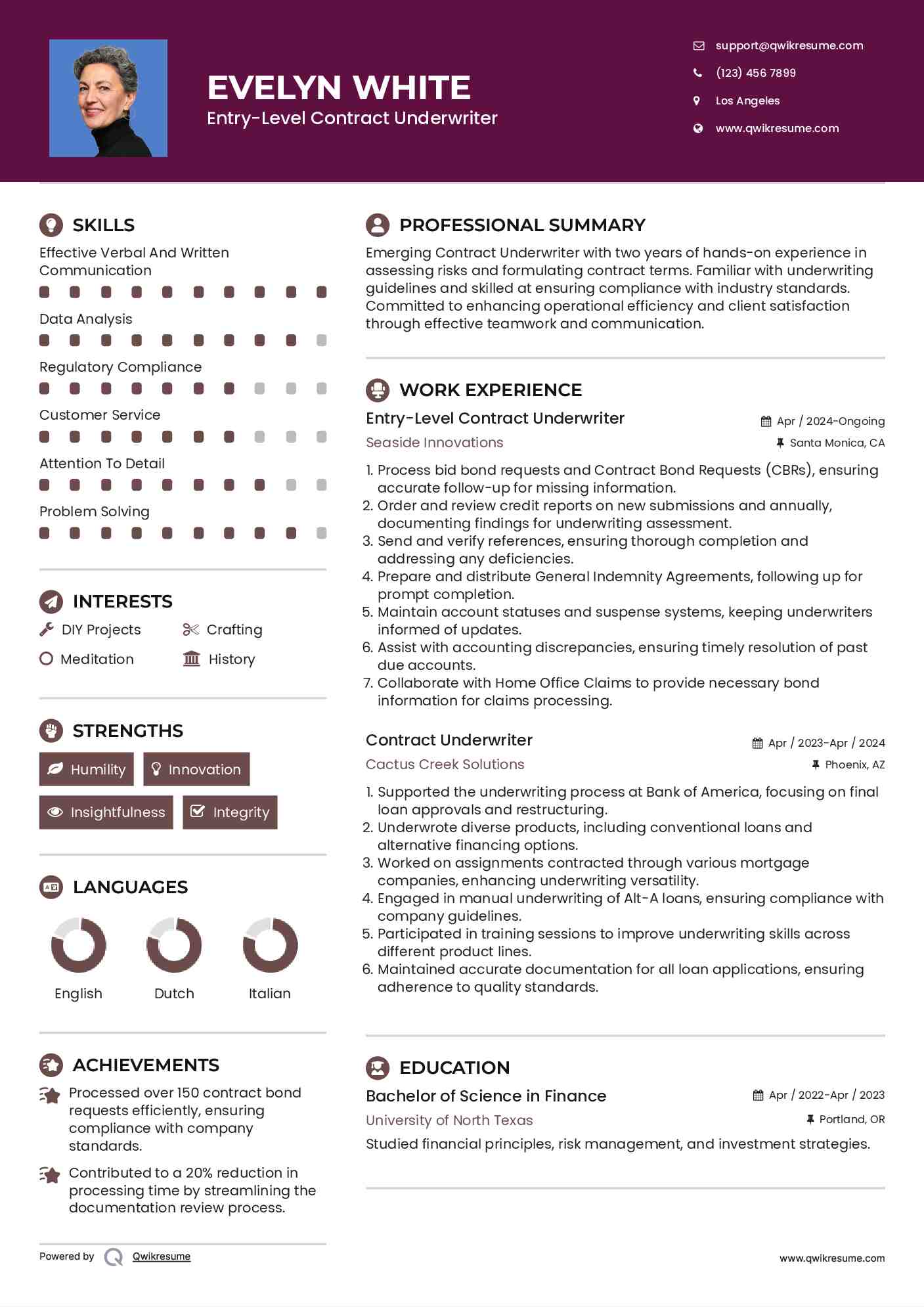 Entry-Level Contract Underwriter Resume Example