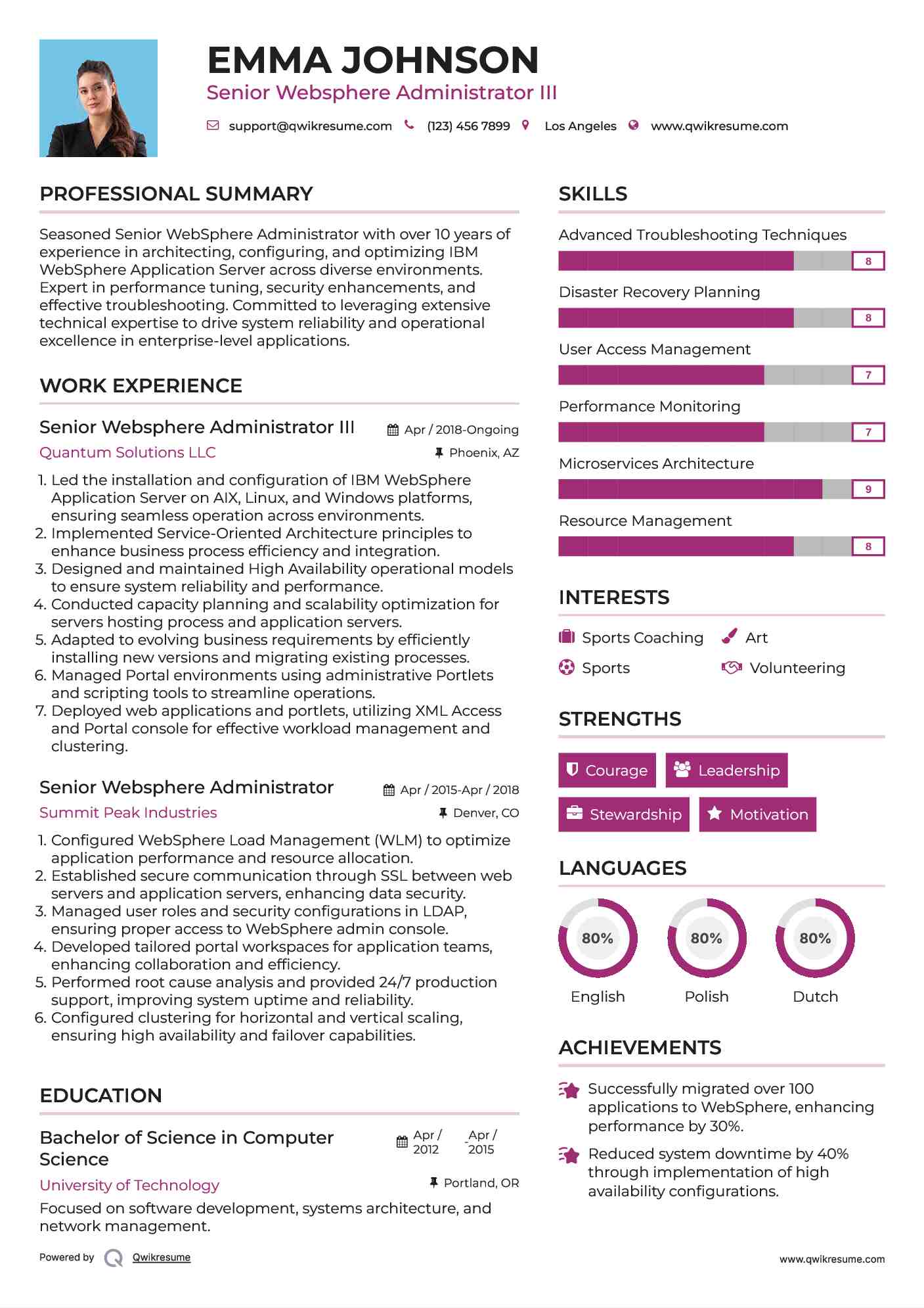 Senior Websphere Administrator III Resume Model