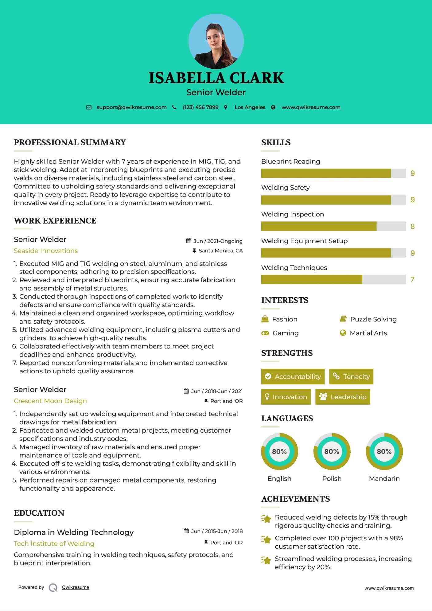 Senior Welder Resume Example