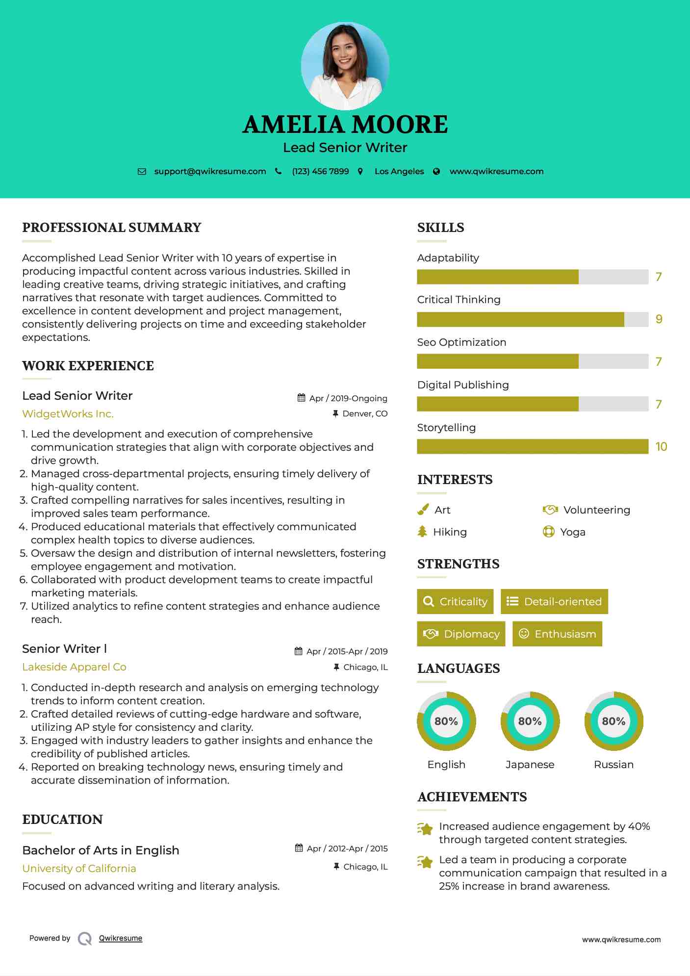 Lead Senior Writer Resume Model