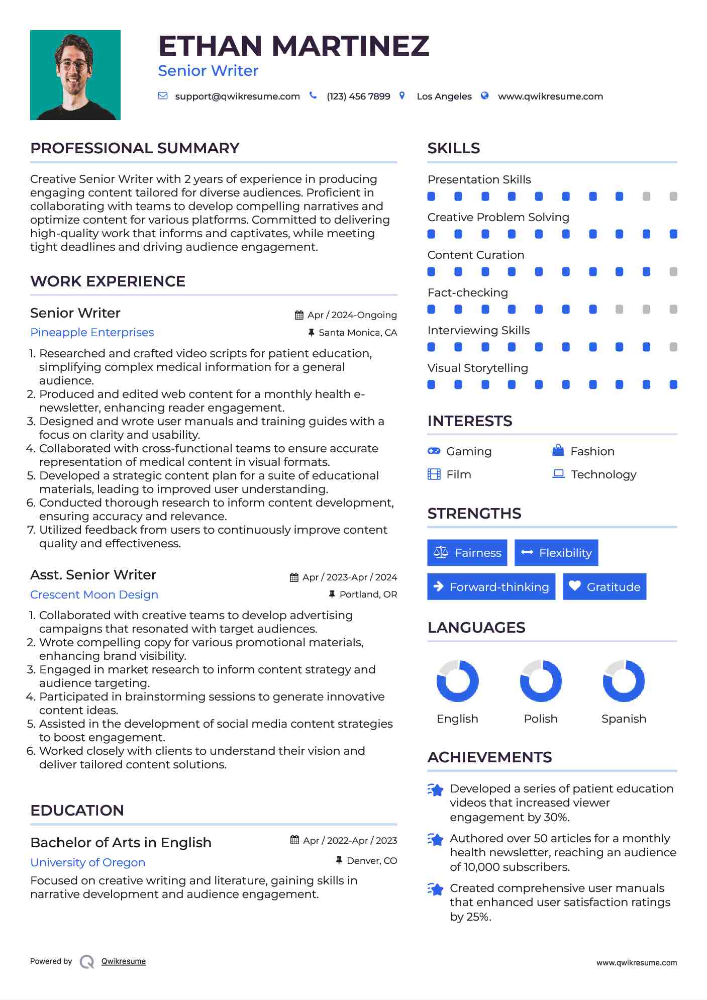 Senior Writer Resume Sample