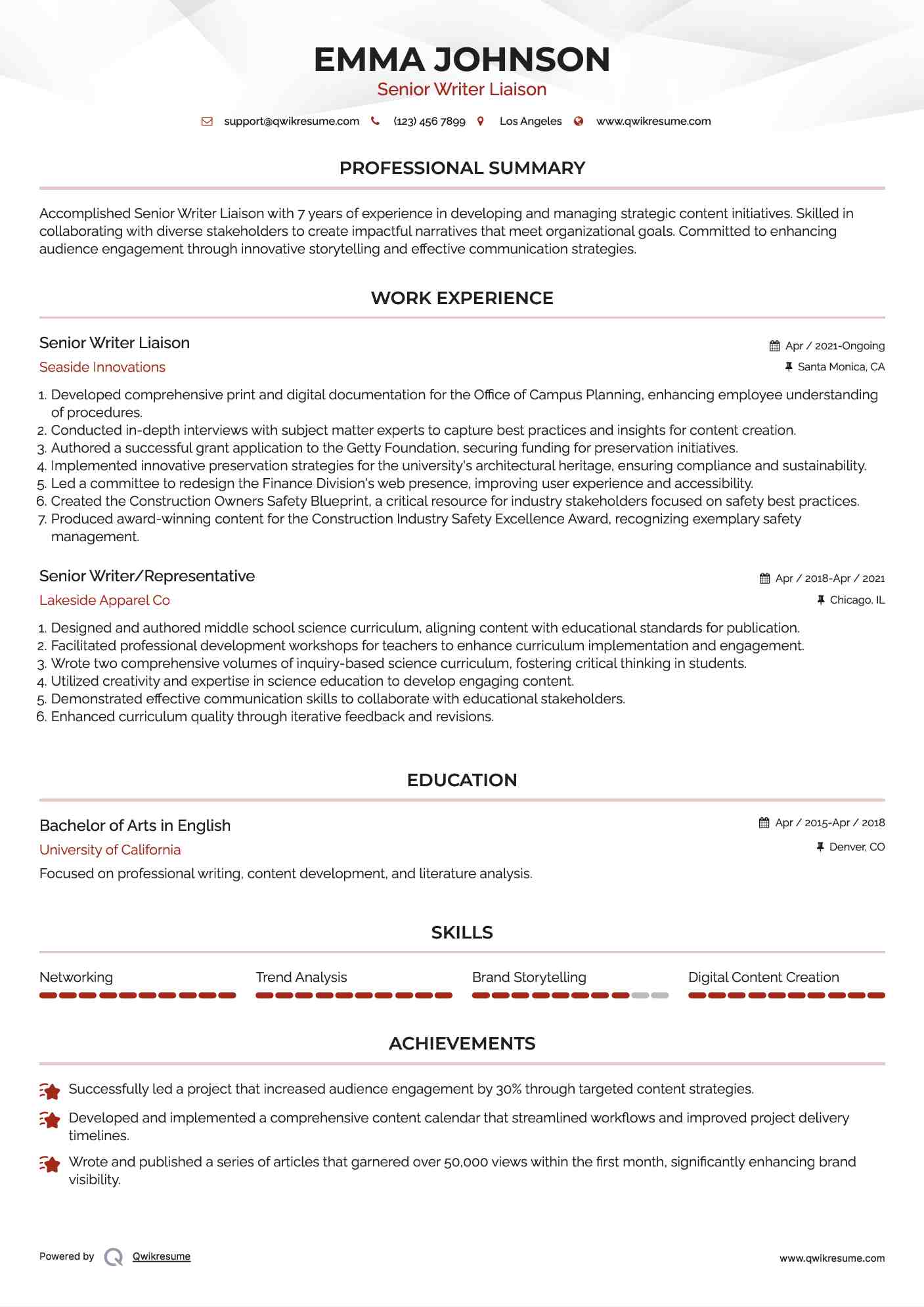 Senior Writer Liaison Resume Sample