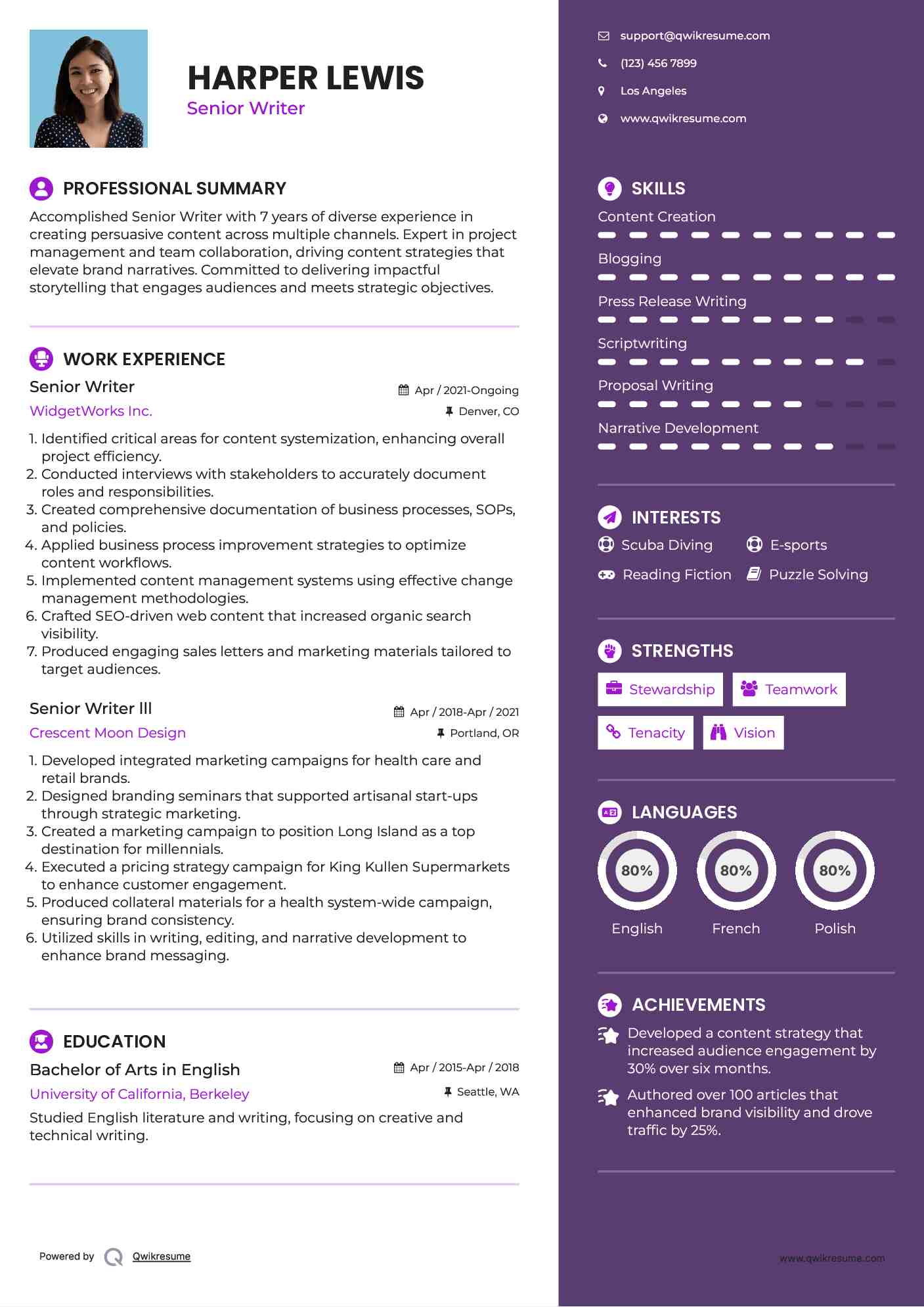 Senior Writer Resume Model