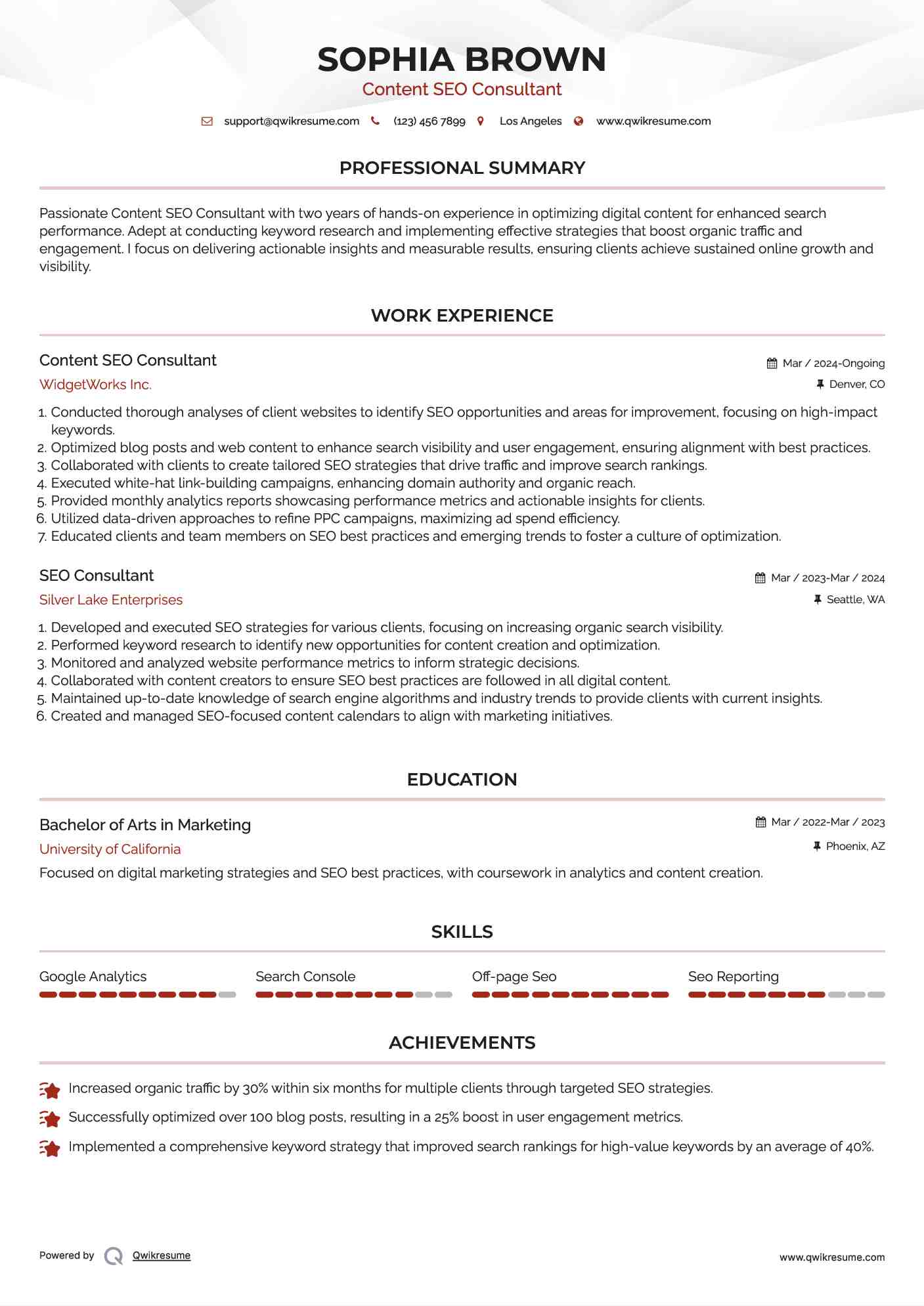 Content SEO Consultant Resume Example