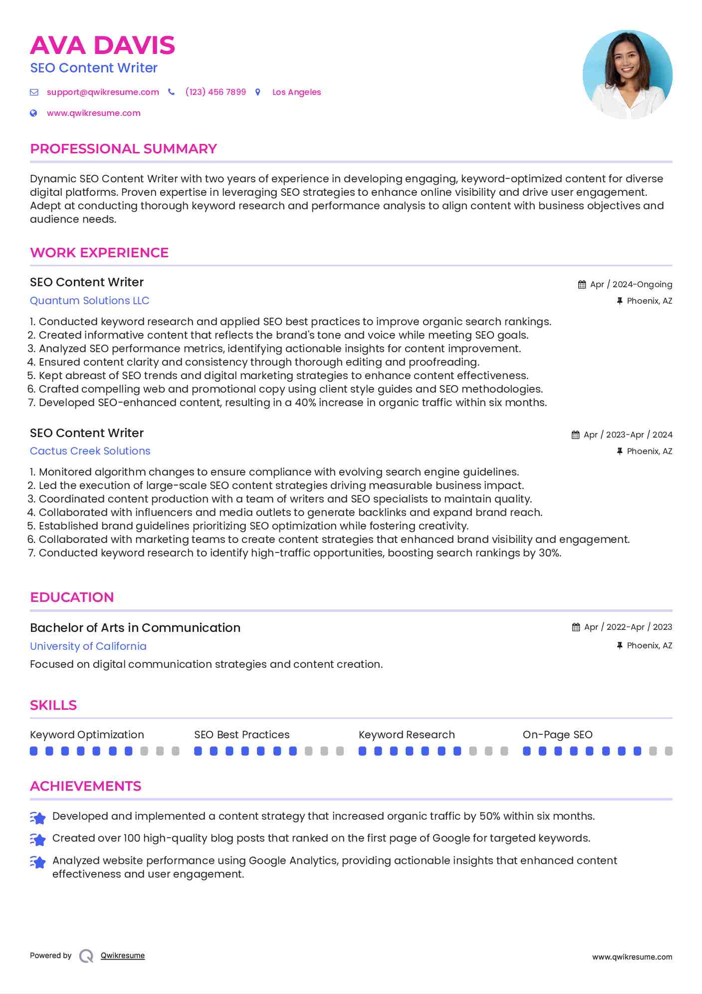 SEO Content Writer Resume Model