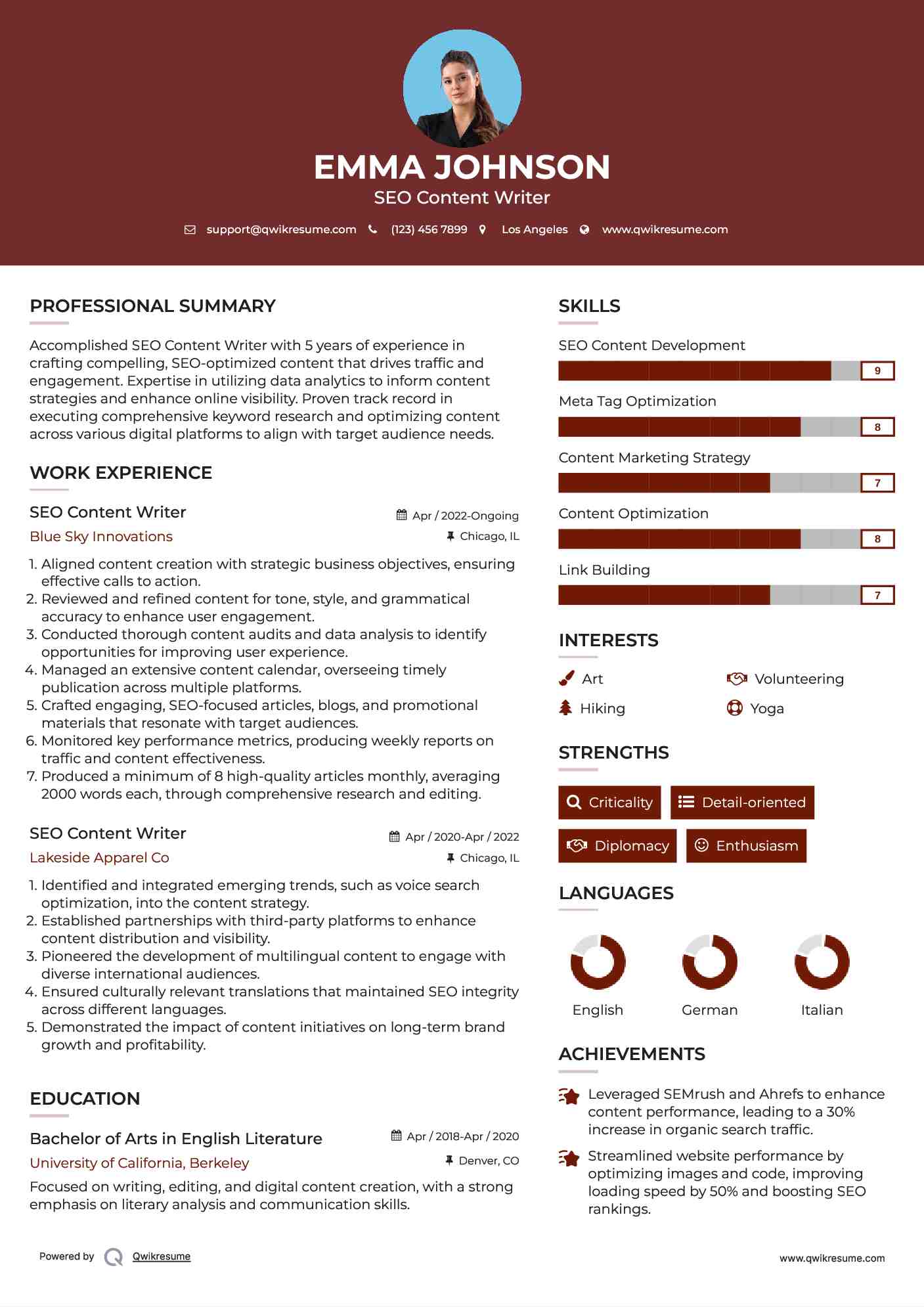 SEO Content Writer Resume Template