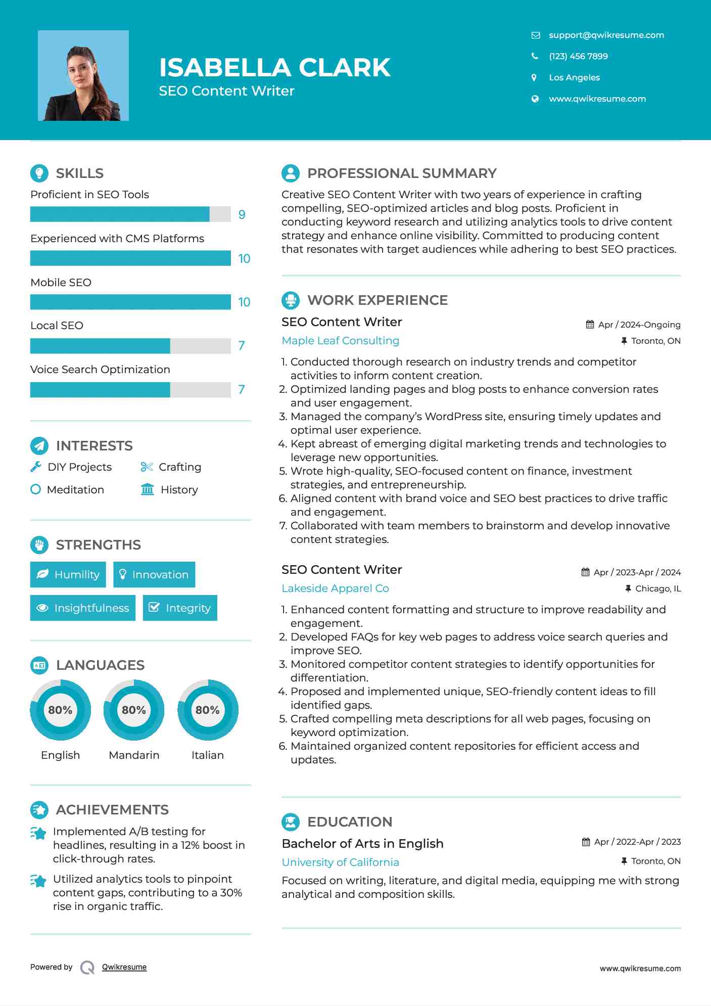 SEO Content Writer Resume Template