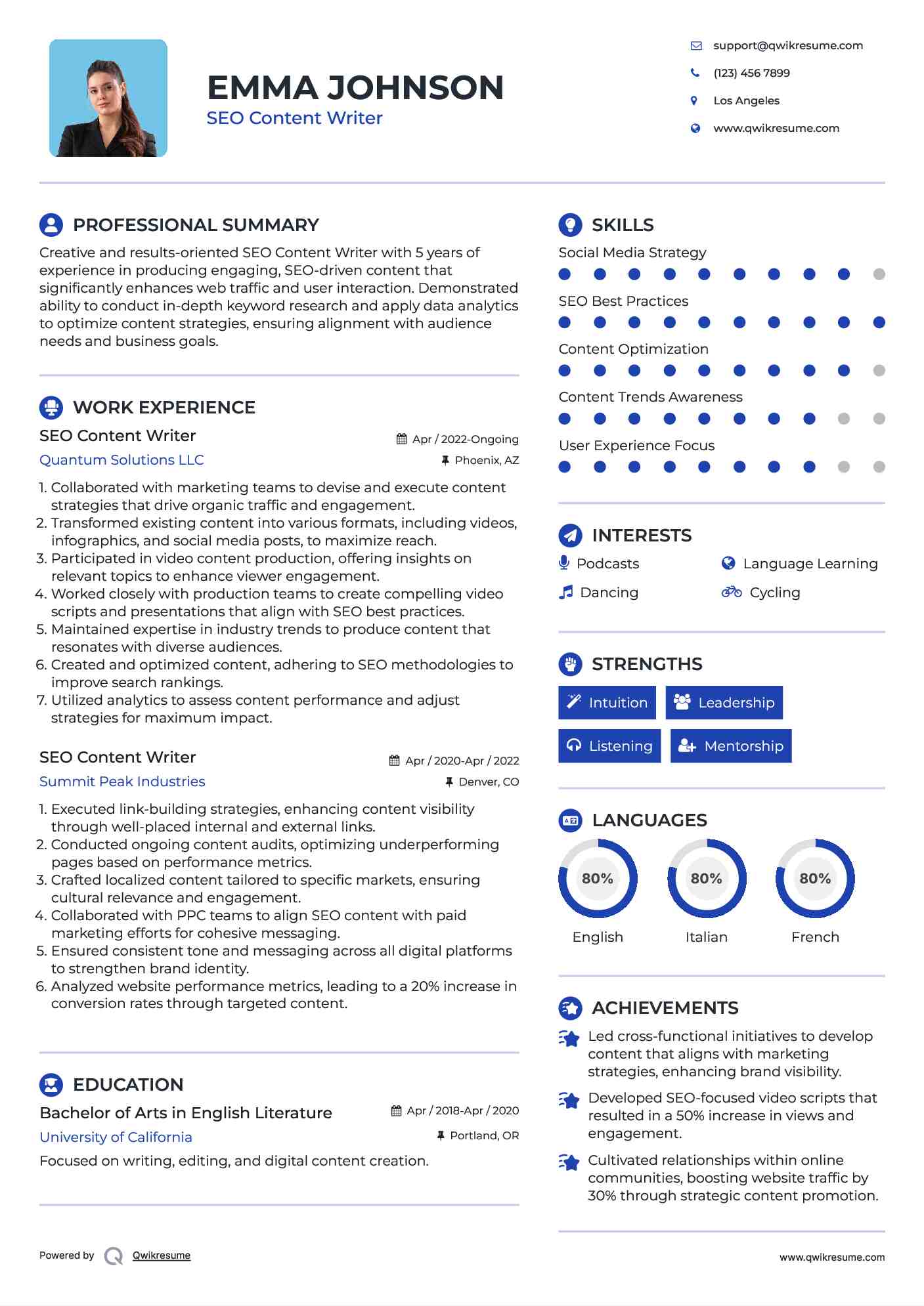 SEO Content Writer Resume Sample