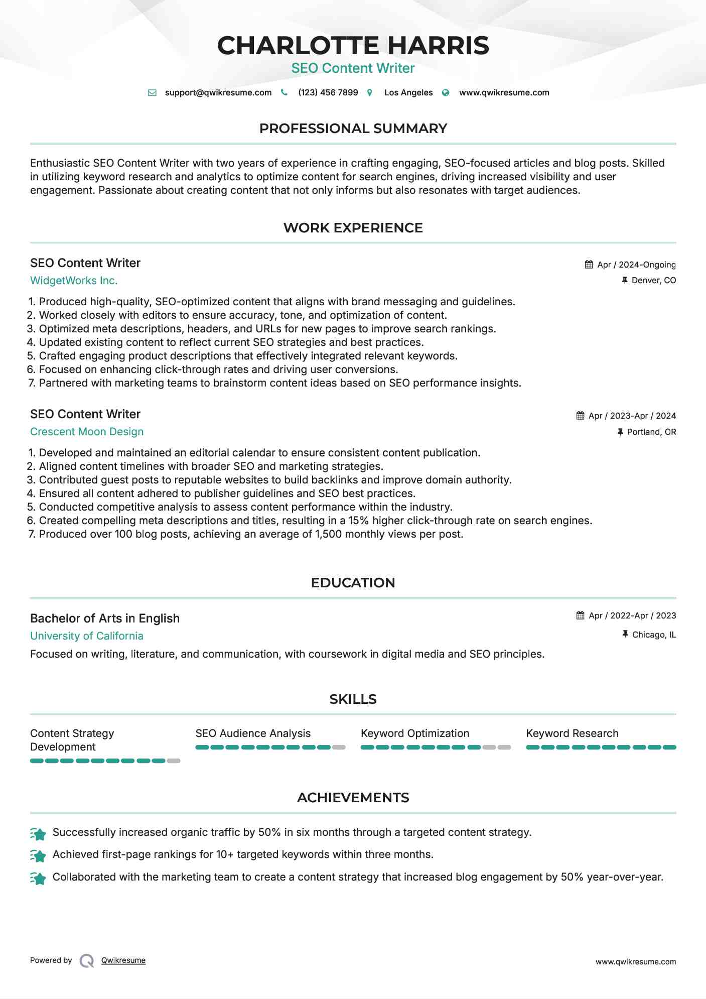 SEO Content Writer Resume Template