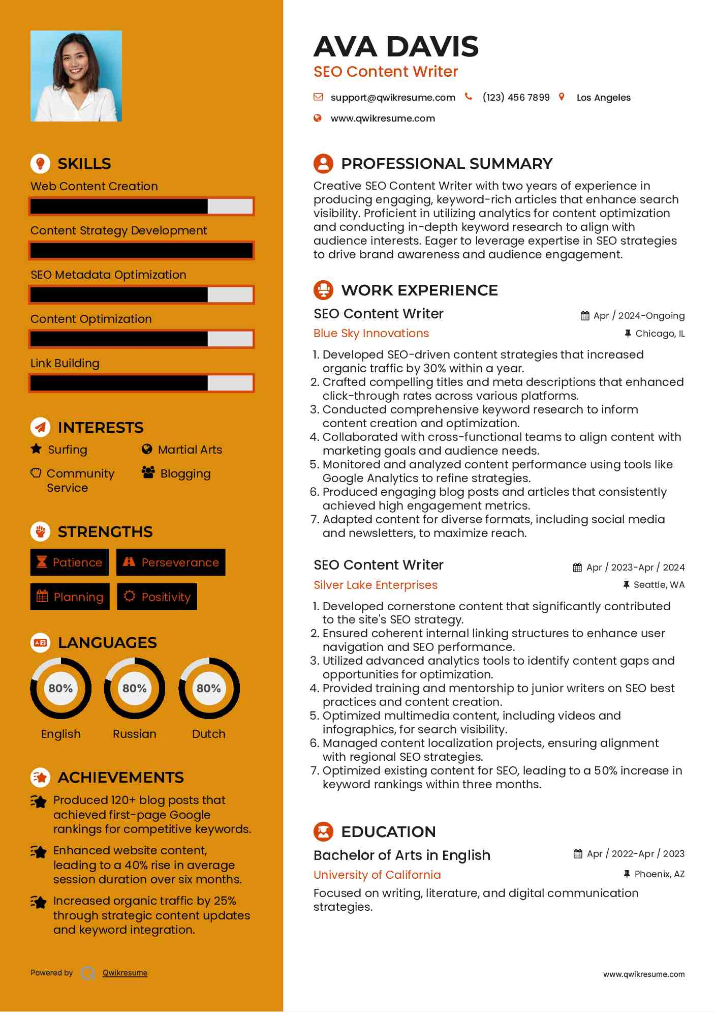 SEO Content Writer Resume Model