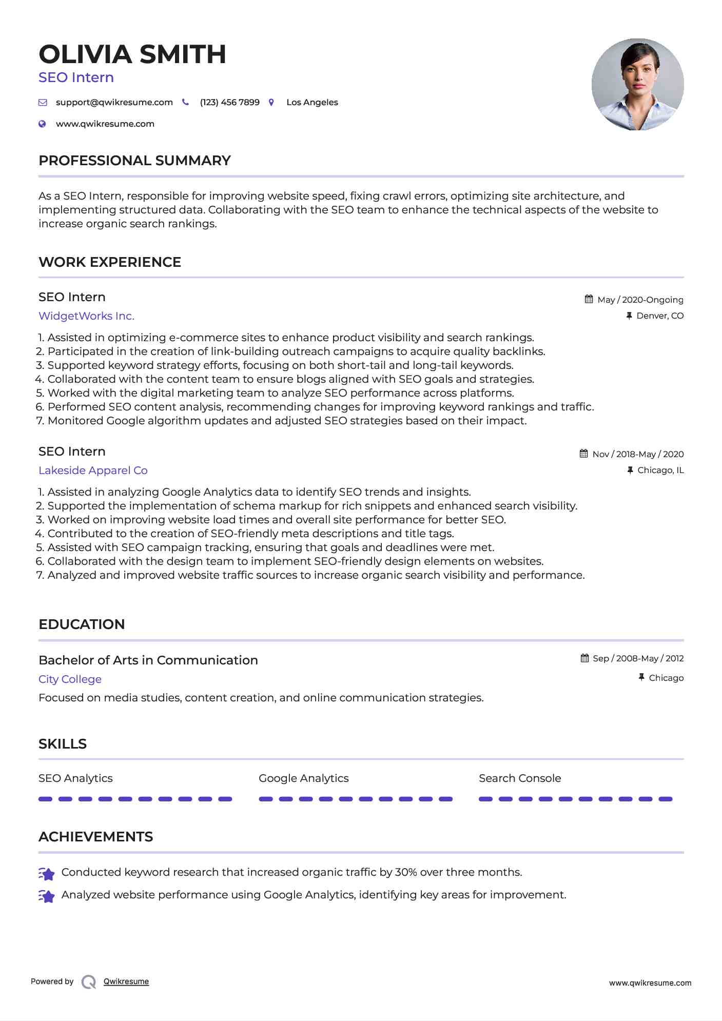 SEO Intern Resume Sample