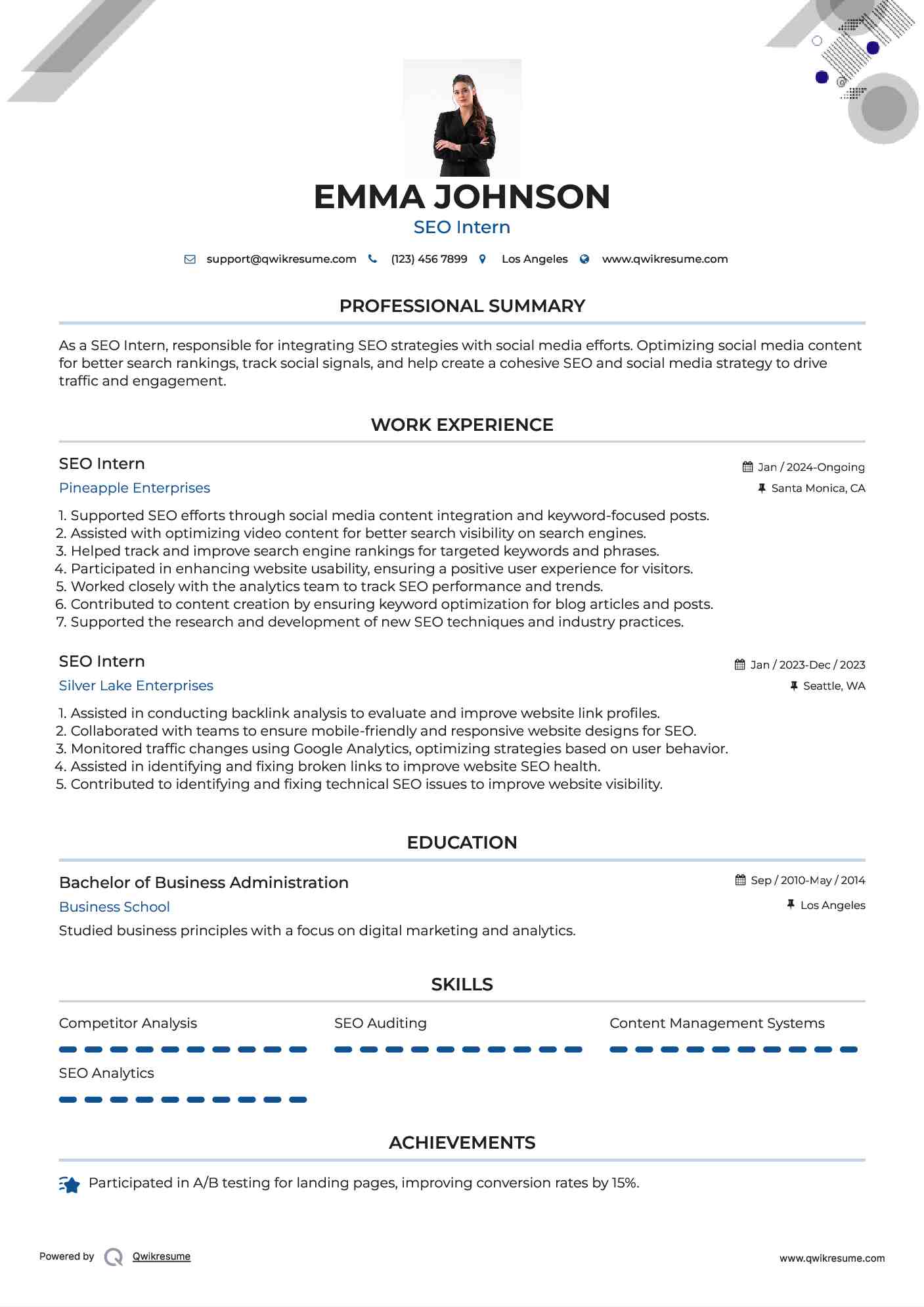 SEO Intern Resume Sample