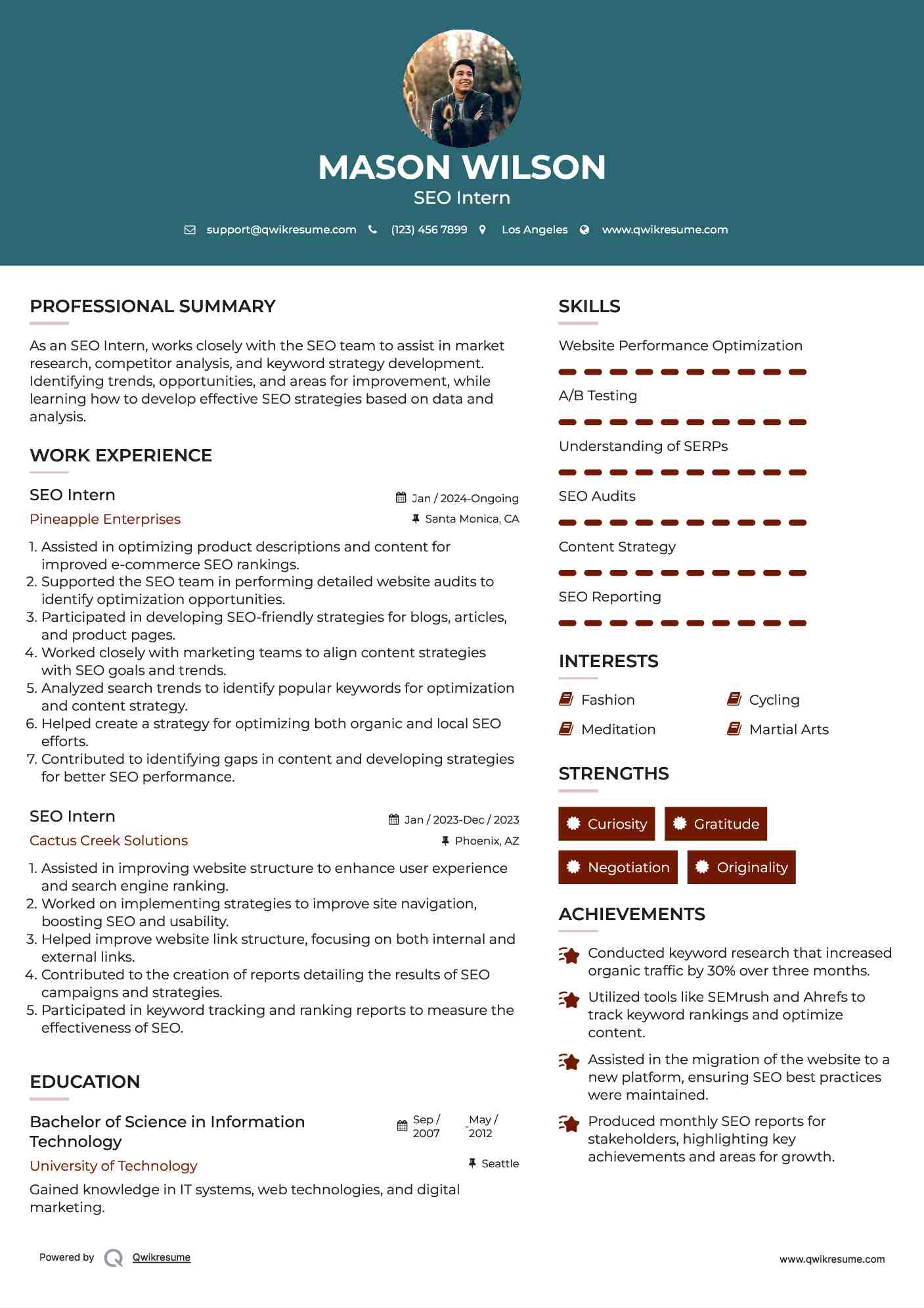 SEO Intern Resume Example
