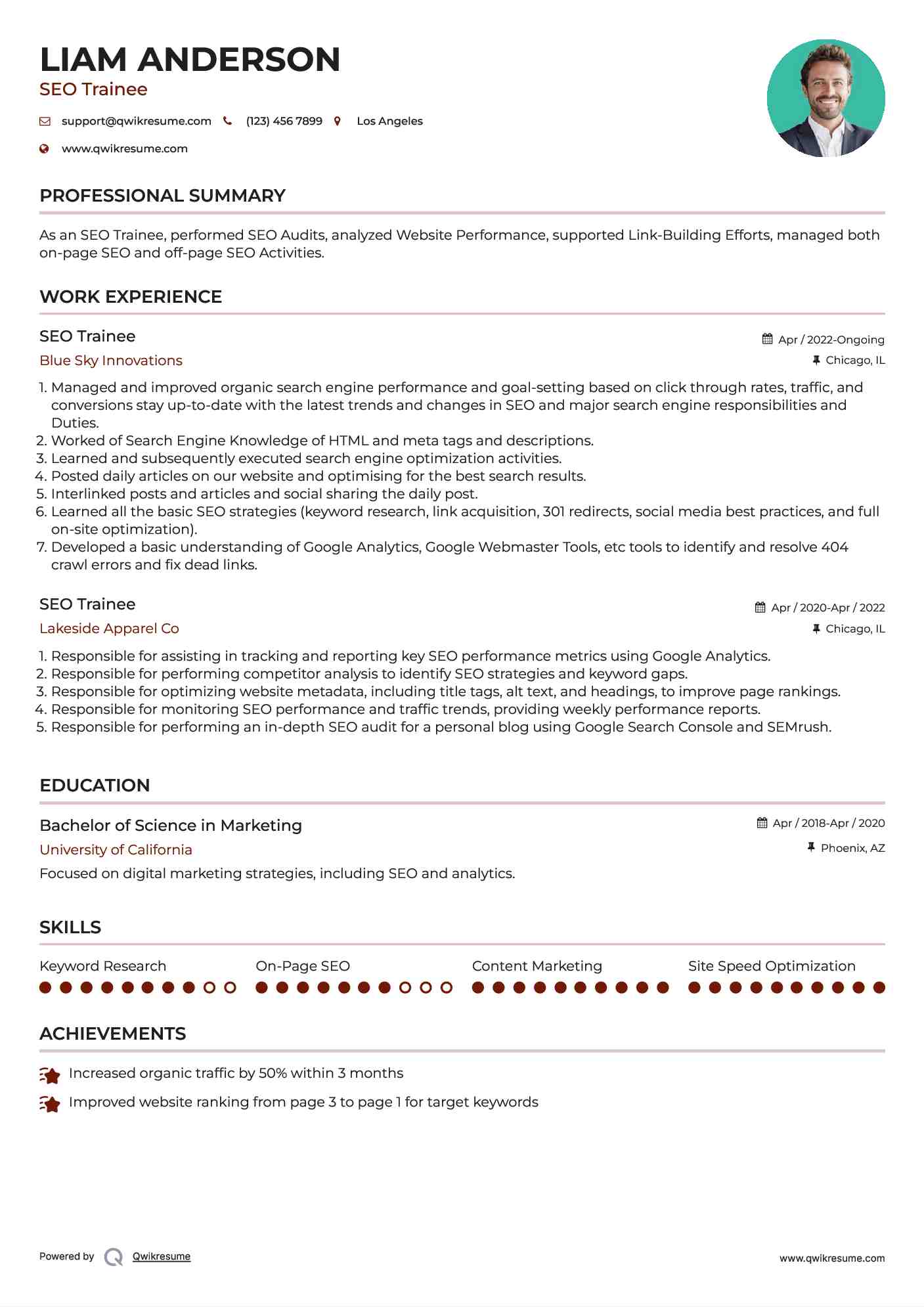 SEO Trainee Resume Example