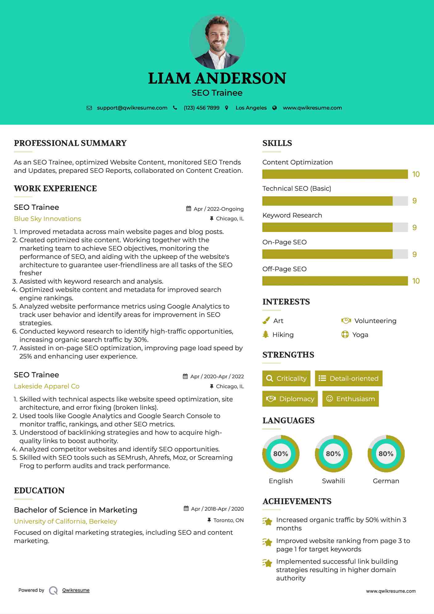 SEO Trainee Resume Example
