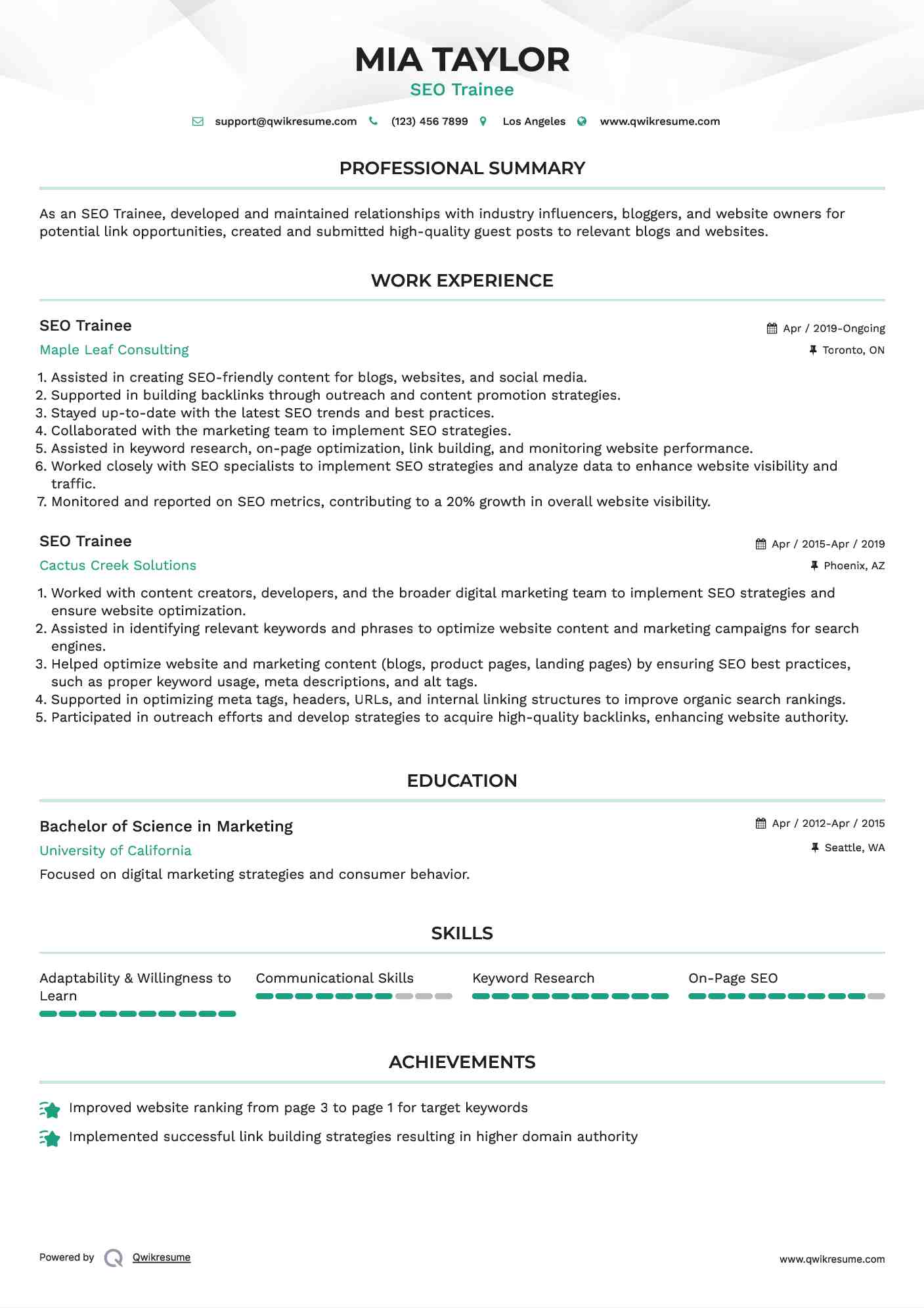 SEO Trainee Resume Model