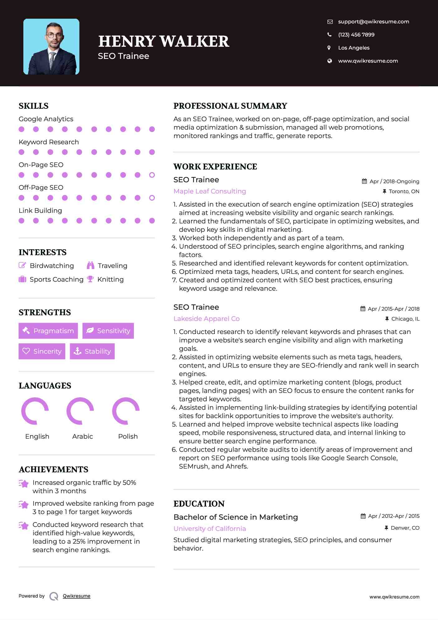 SEO Trainee Resume Example