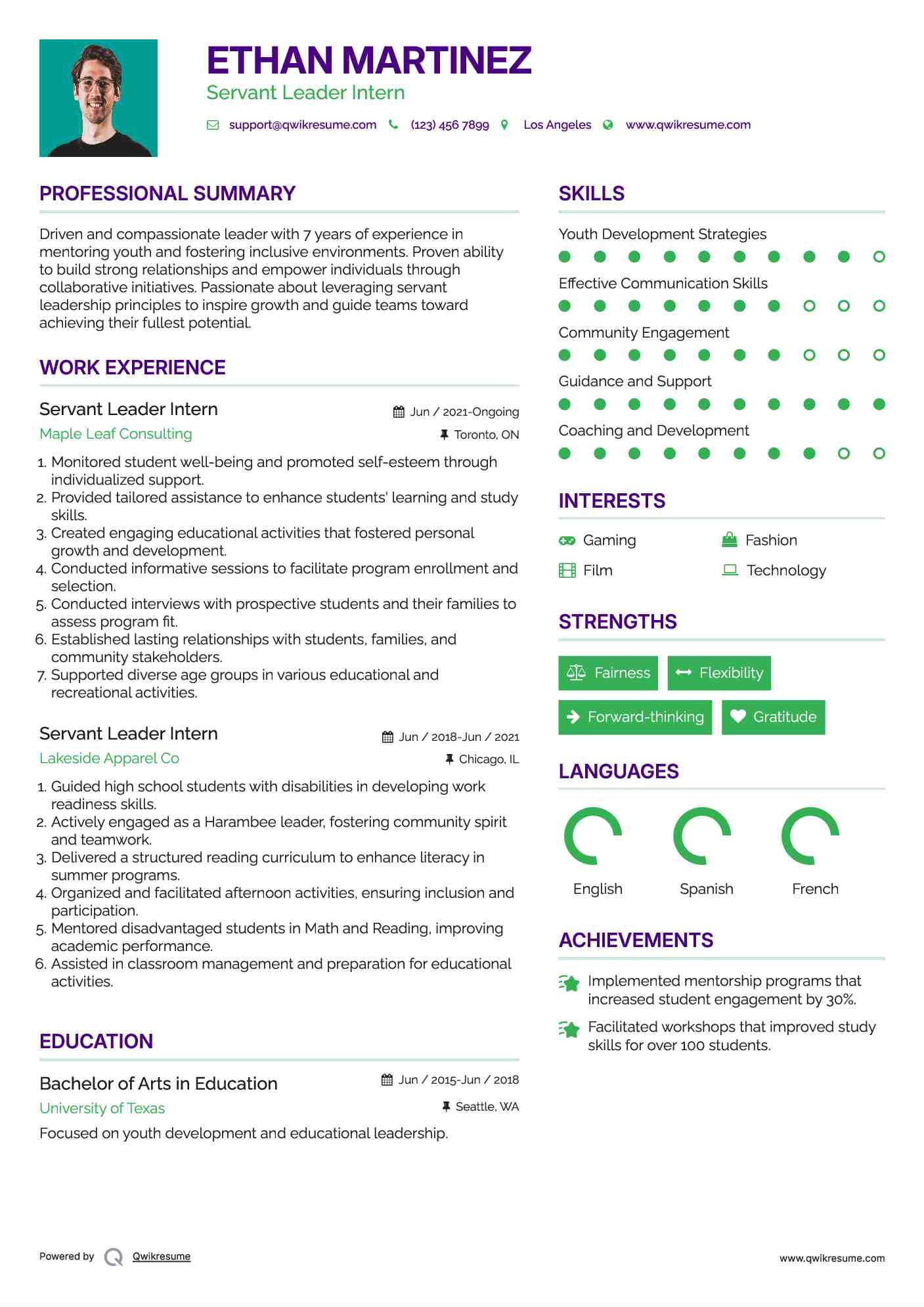 Servant Leader Intern Resume Example