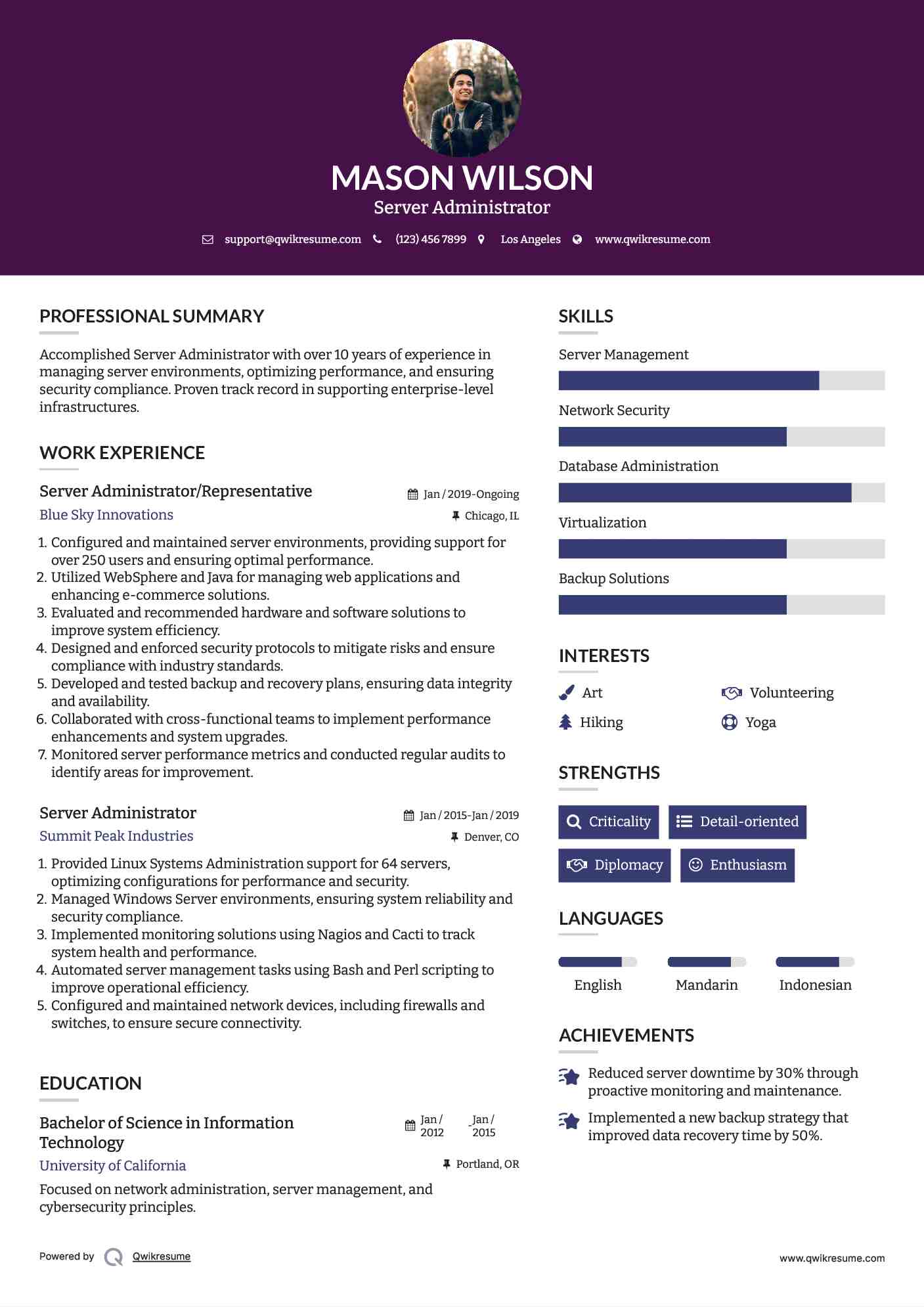 Server Administrator/Representative Resume Model