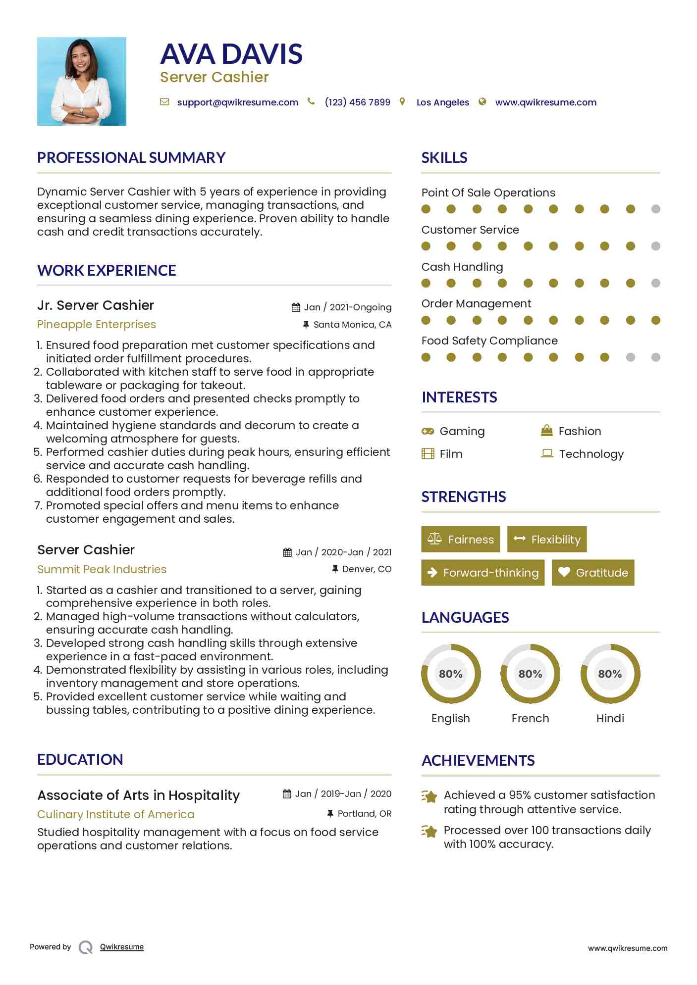 Jr. Server Cashier Resume Model