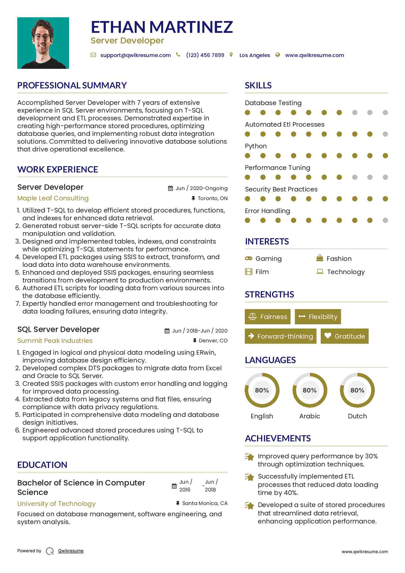 Server Developer Resume Sample