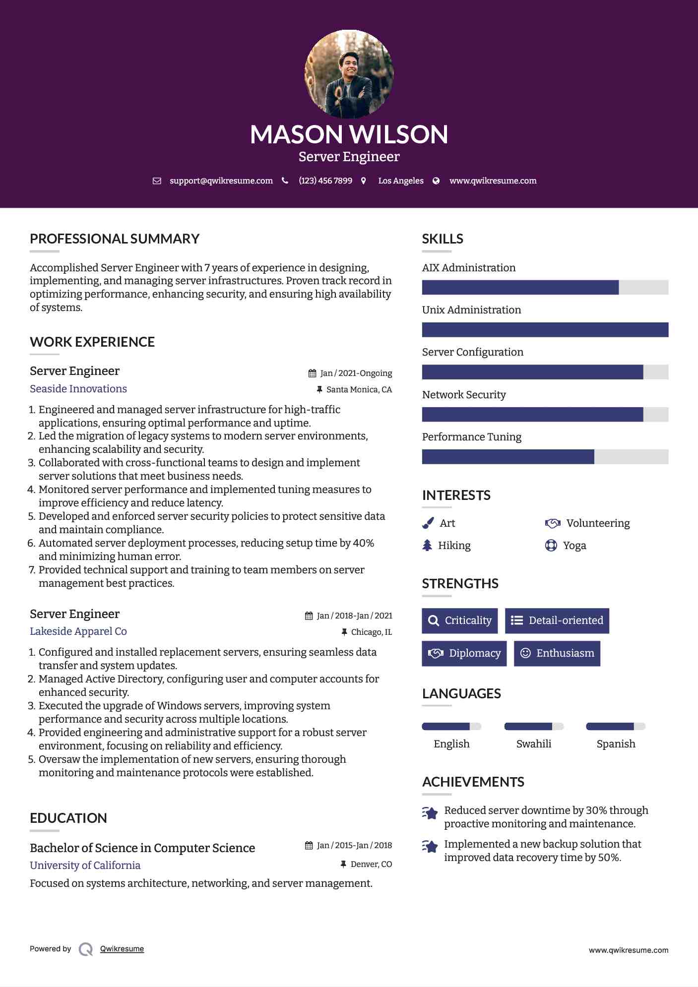 Server Engineer Resume Template