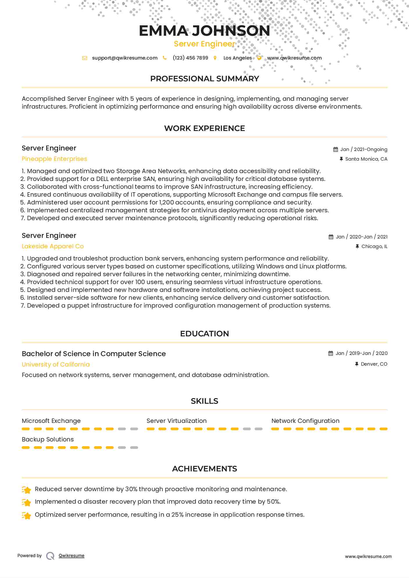Server Engineer Resume Example