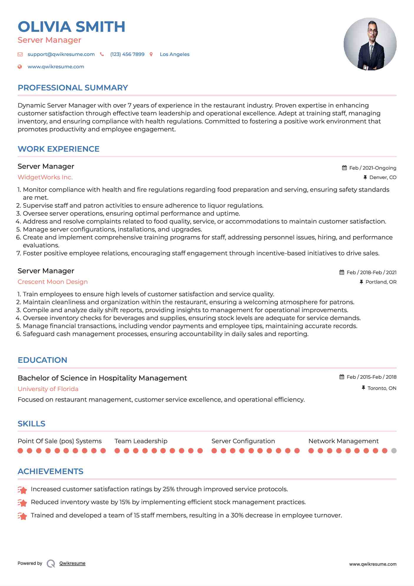 Server Manager Resume Sample