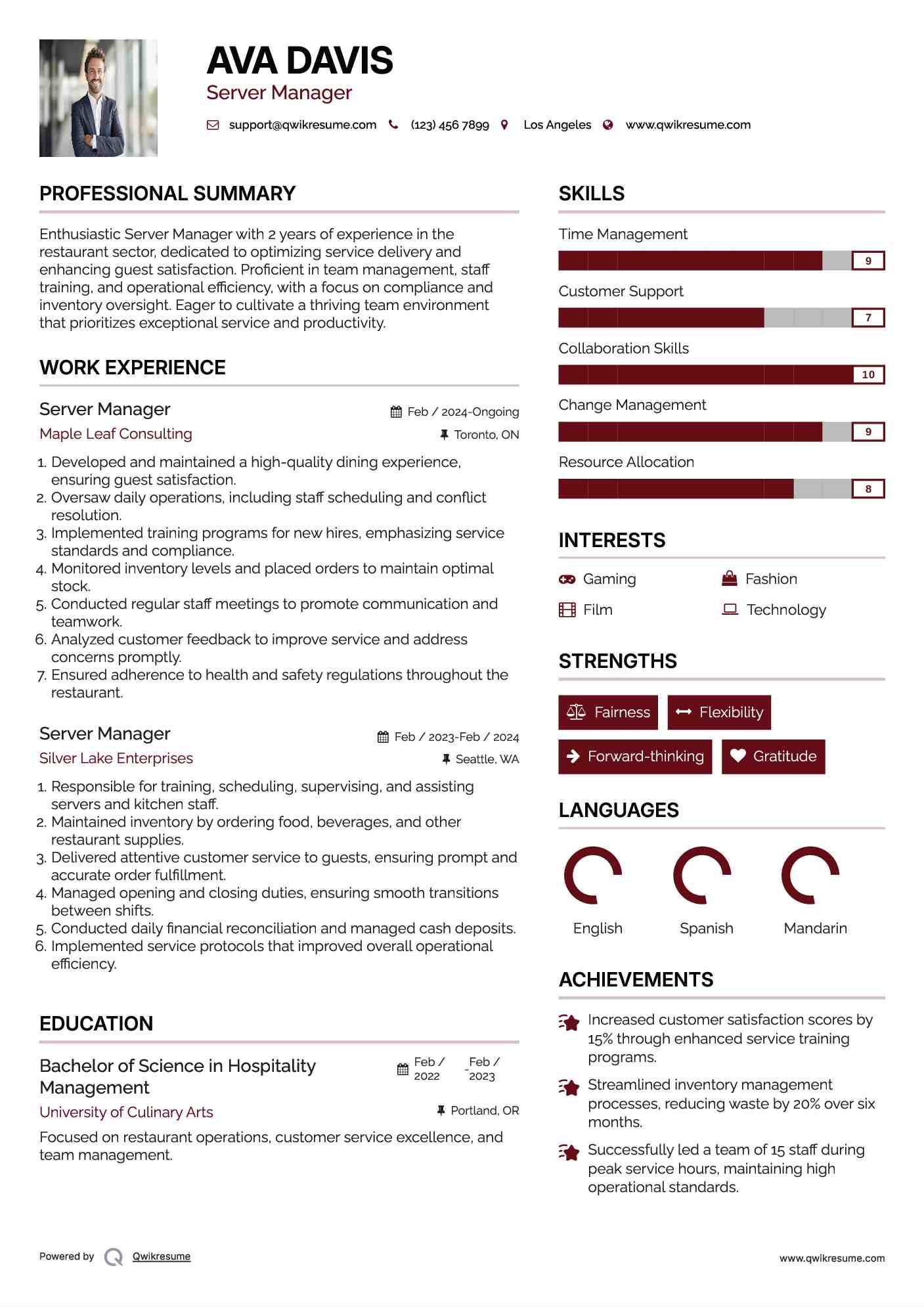 Server Manager Resume Template