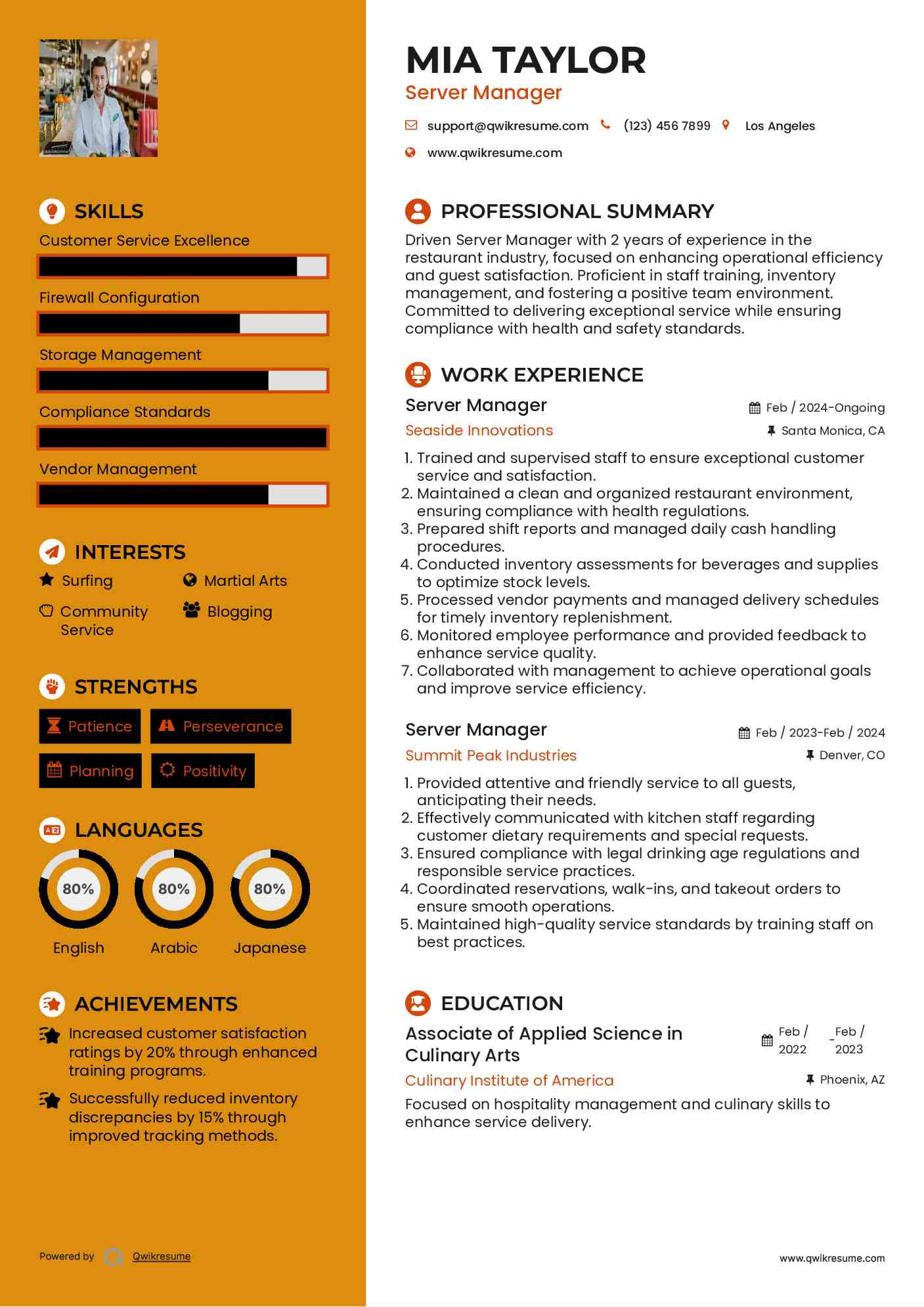 Server Manager Resume Sample