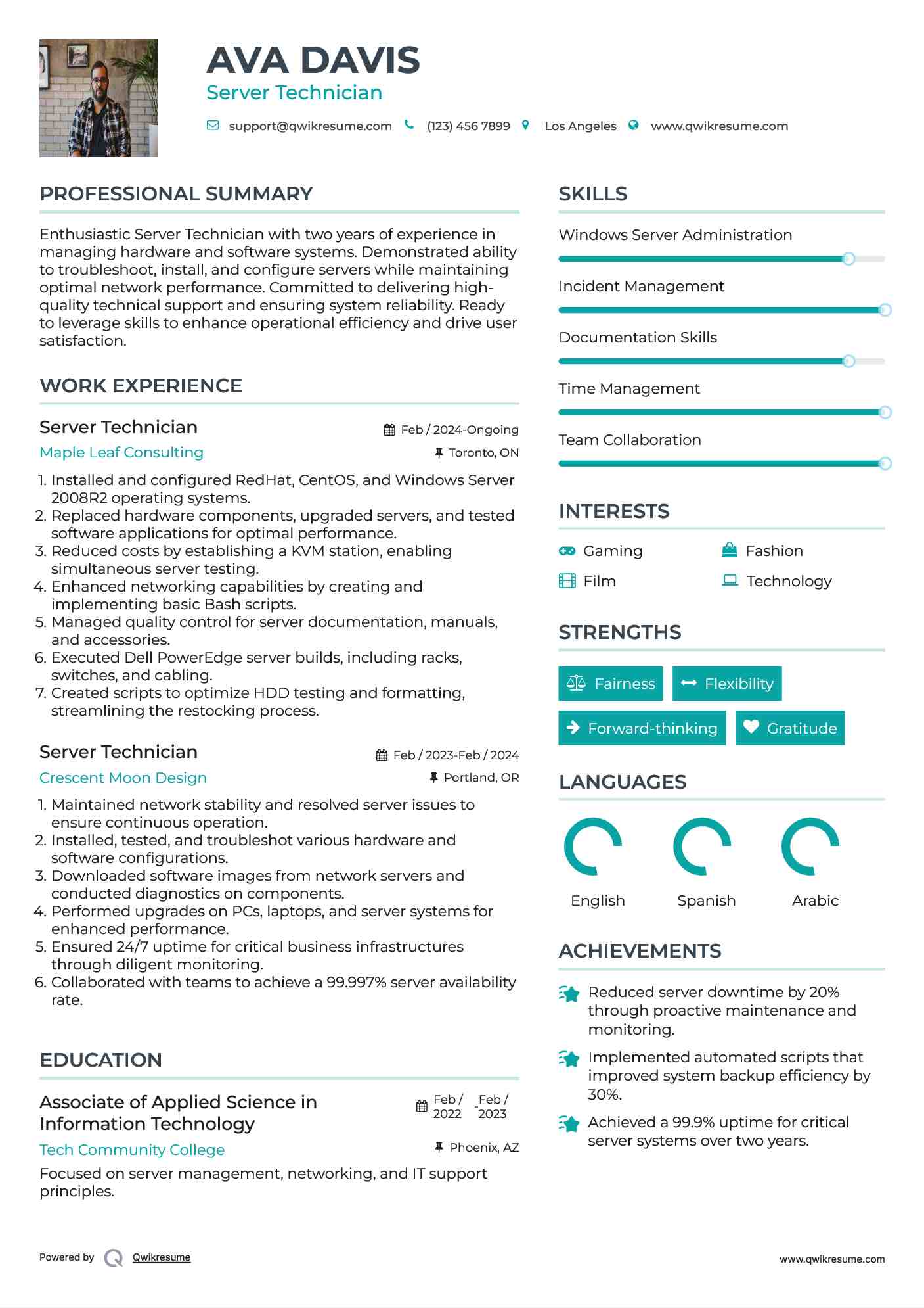 Server Technician Resume Sample