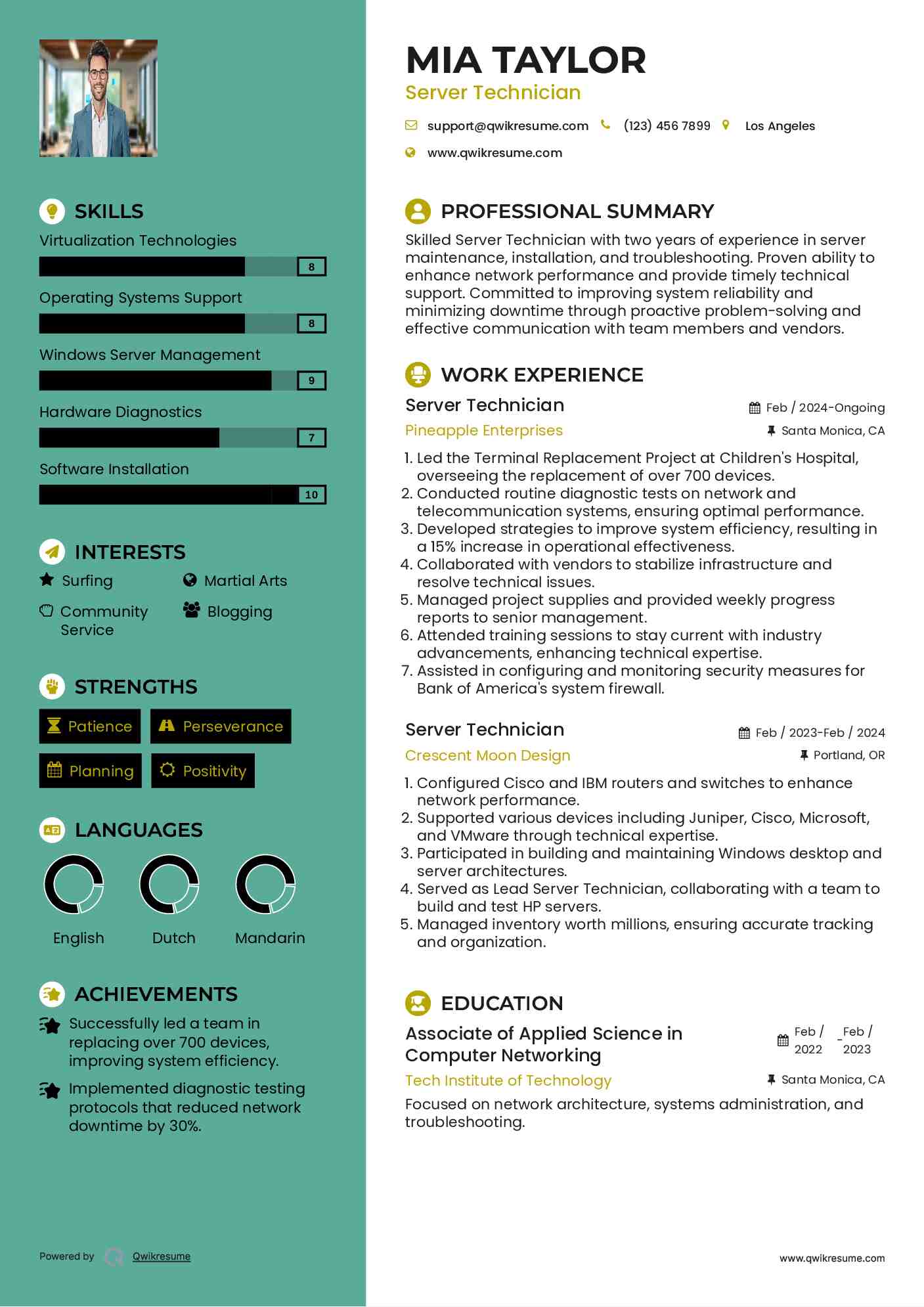 Server Technician Resume Sample