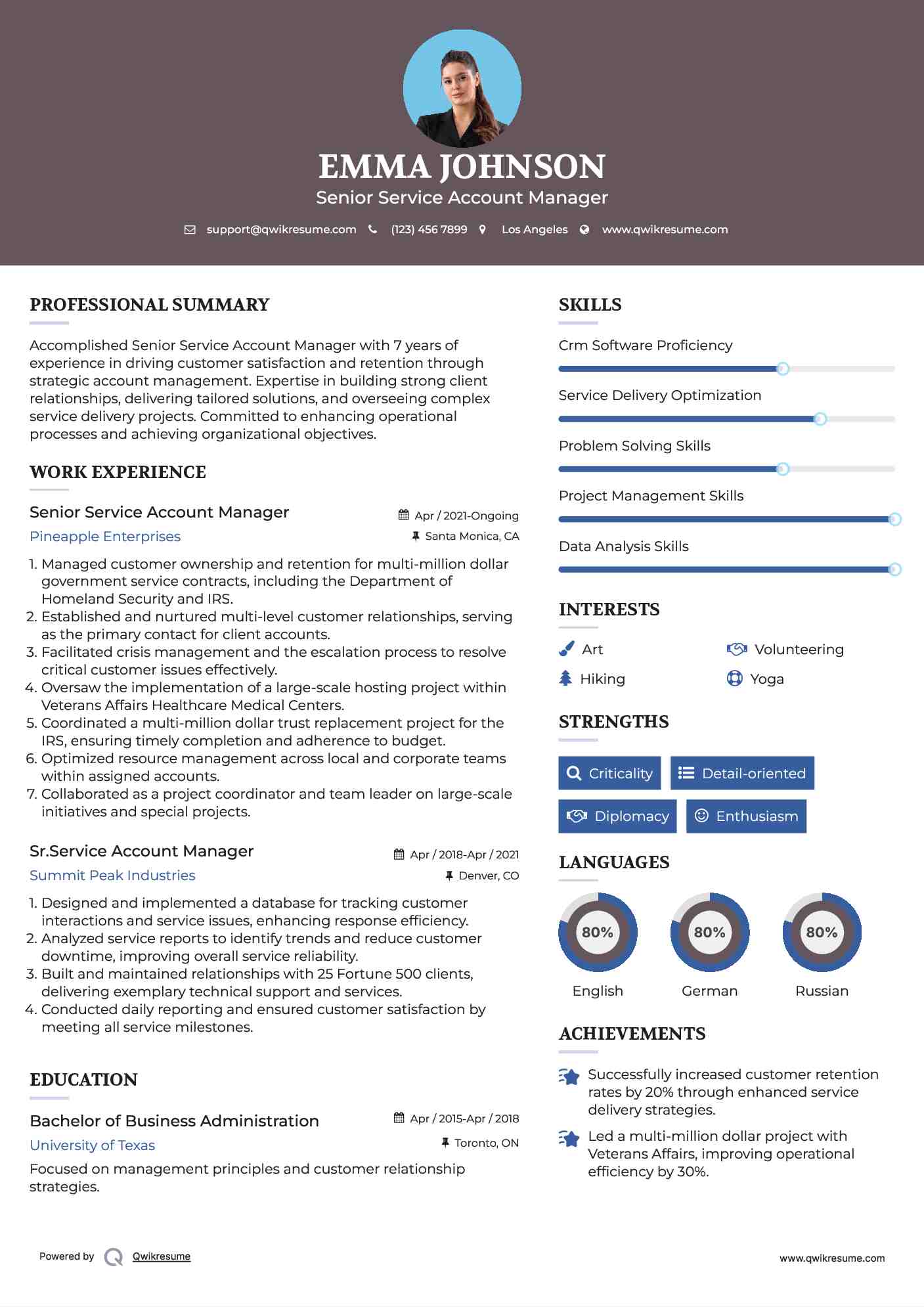 Senior Service Account Manager Resume Example
