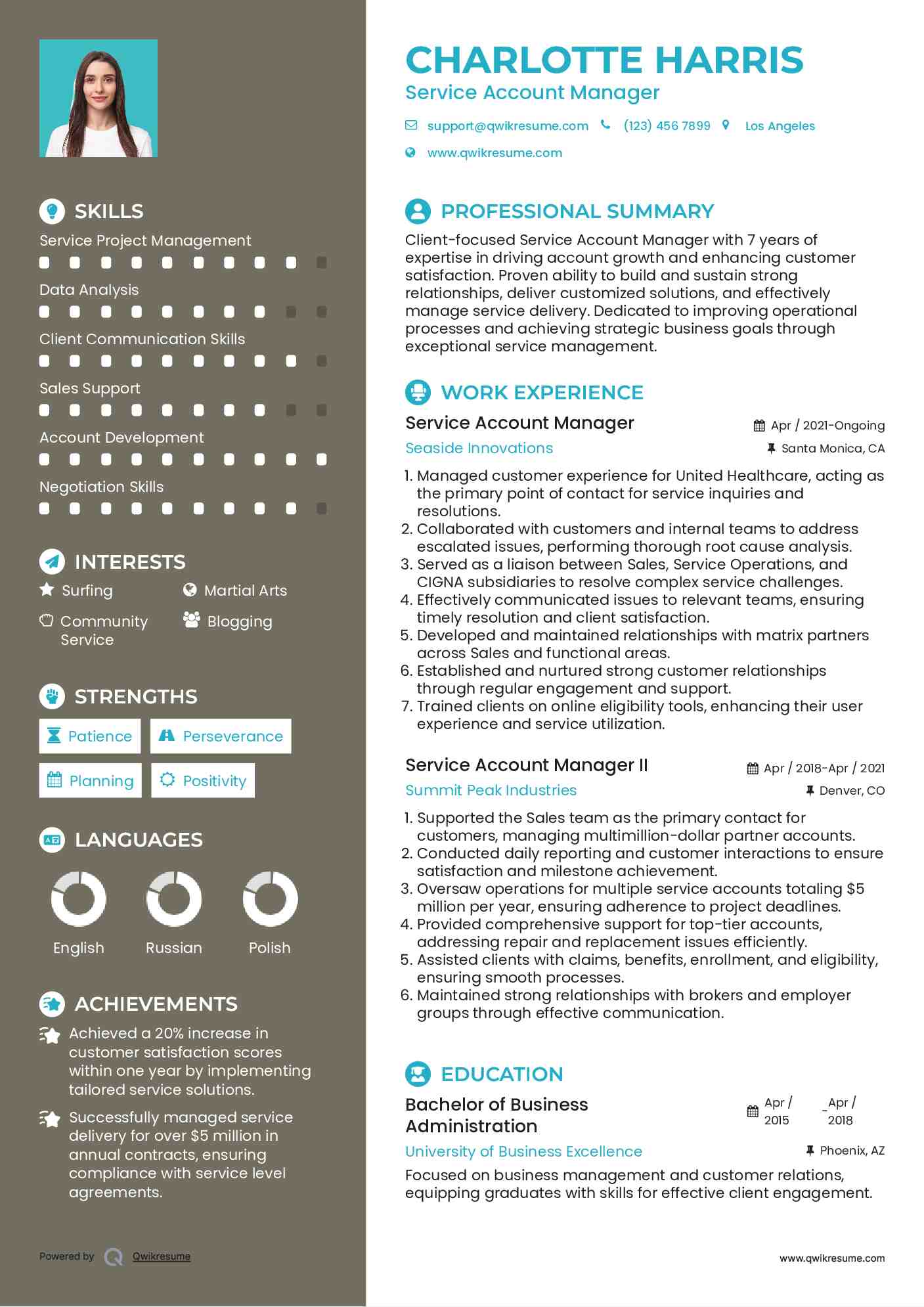 Service Account Manager Resume Model