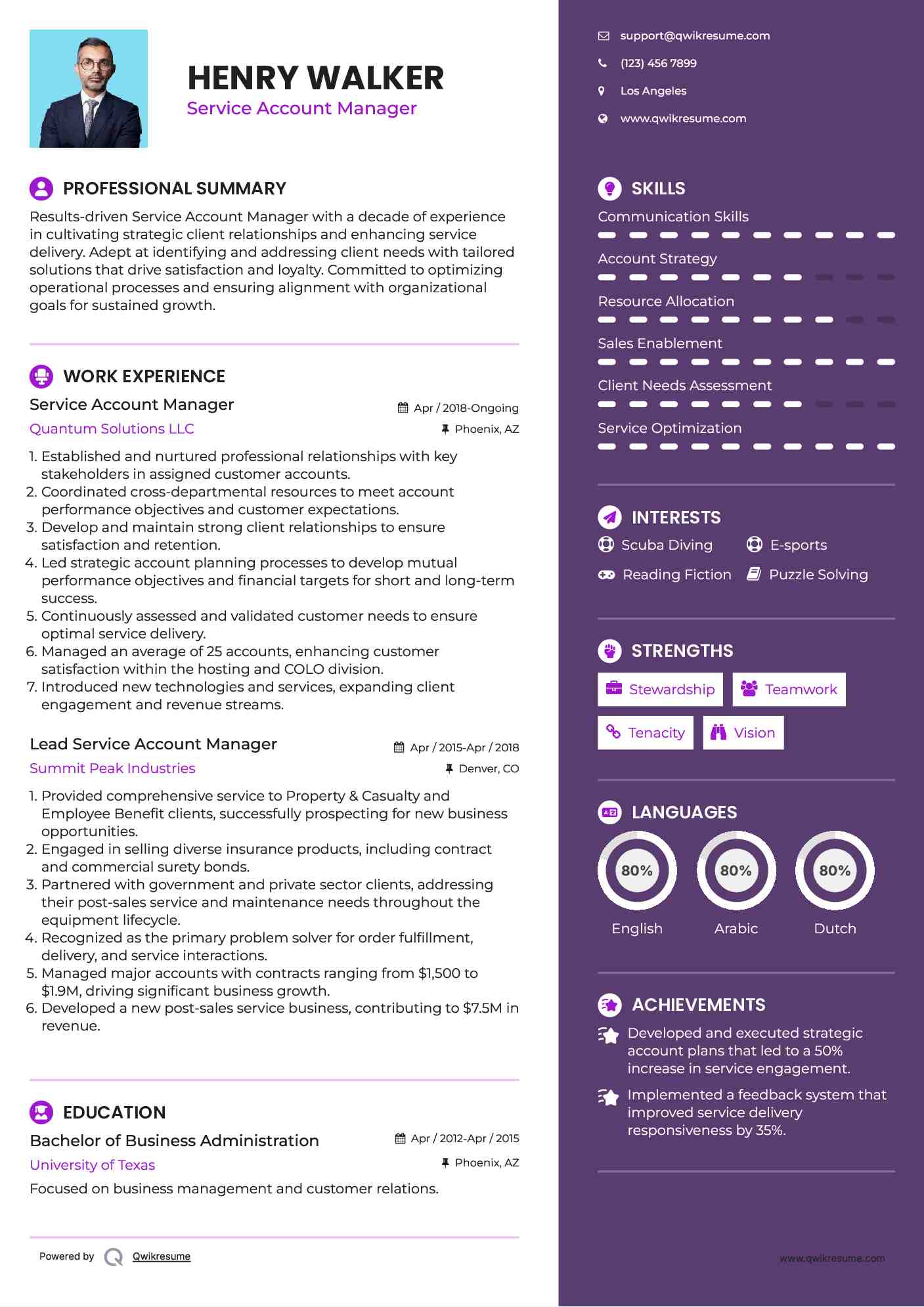 Service Account Manager Resume Model