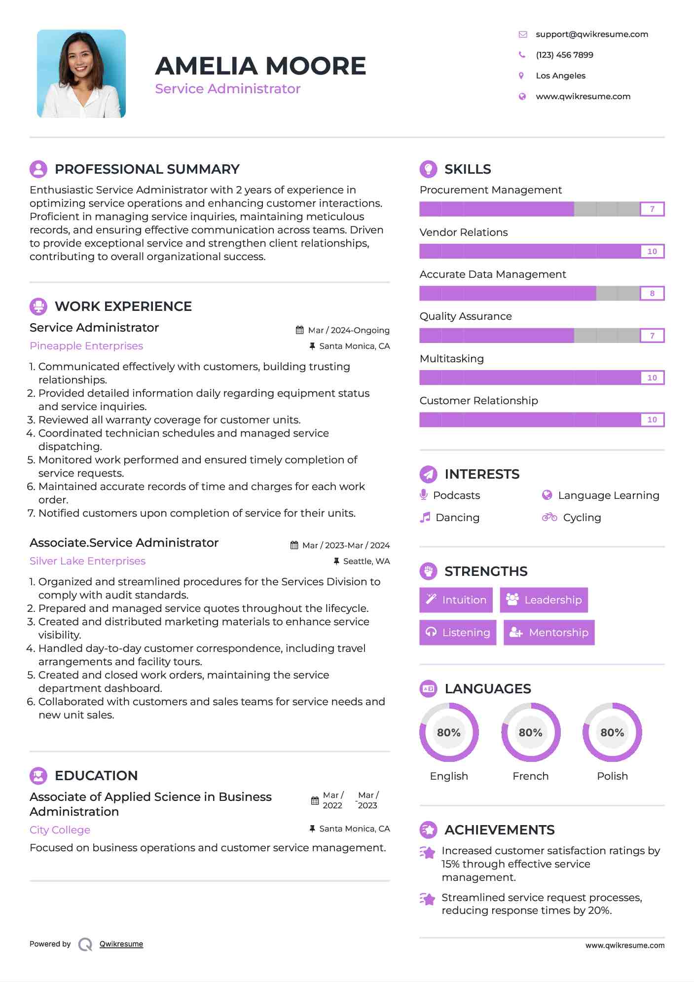 Service Administrator Resume Sample